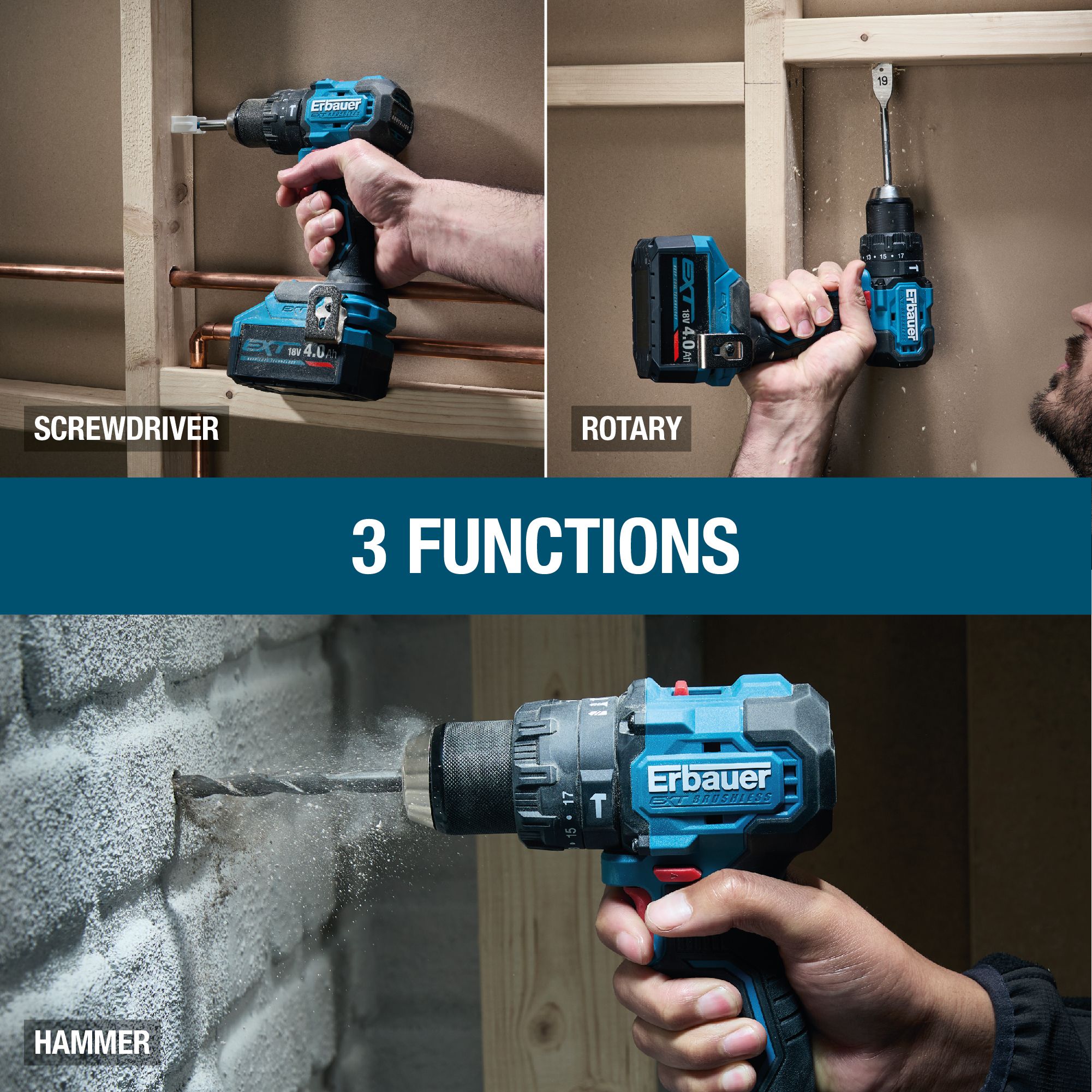 Erbauer 18V Li-ion EXT Keep Cool Brushless V2 Cordless Combi drill (1 x 4Ah) - ERI1092COM
