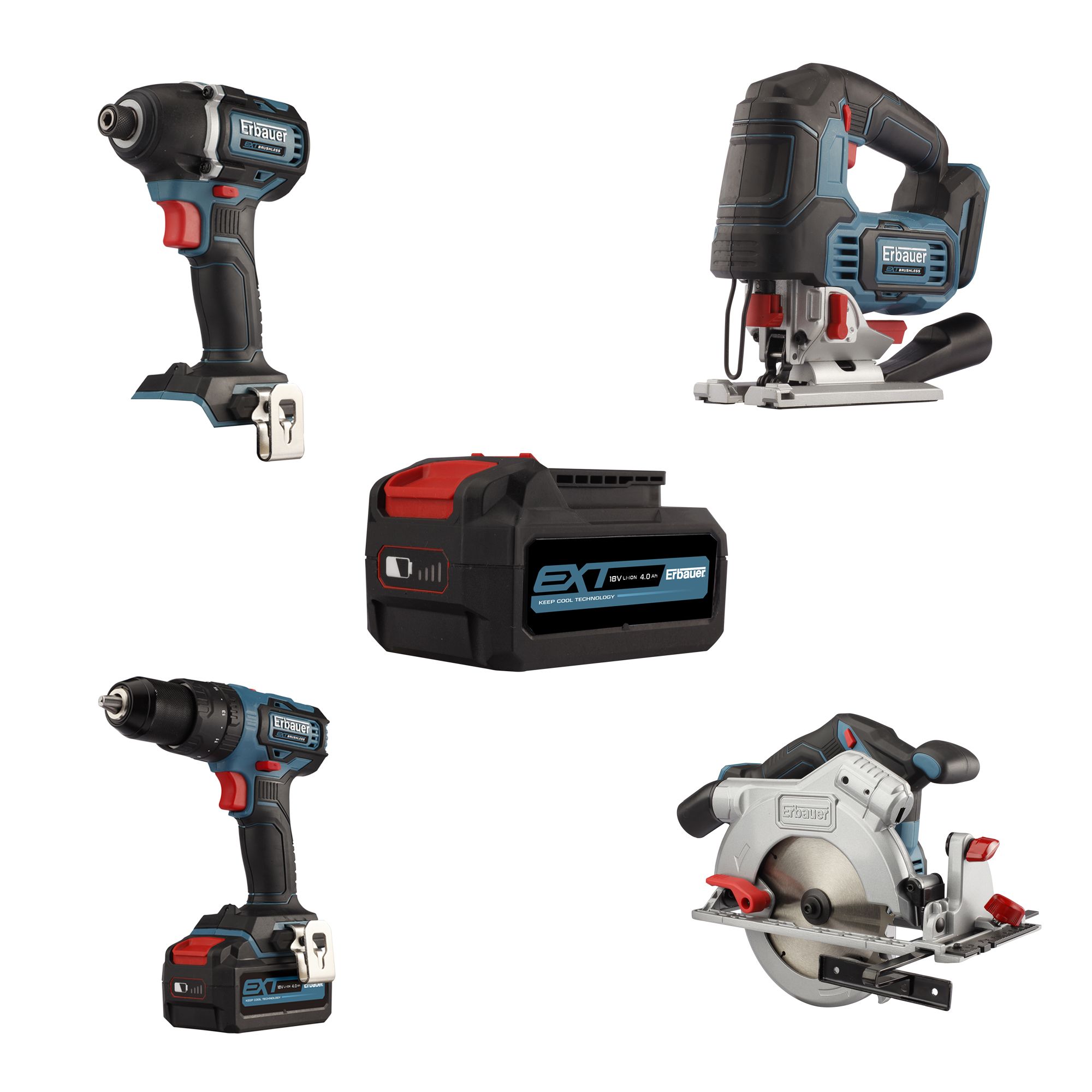 Erbauer EXT 18V 4Ah Li ion Cordless 4 piece Power tool kit DIY