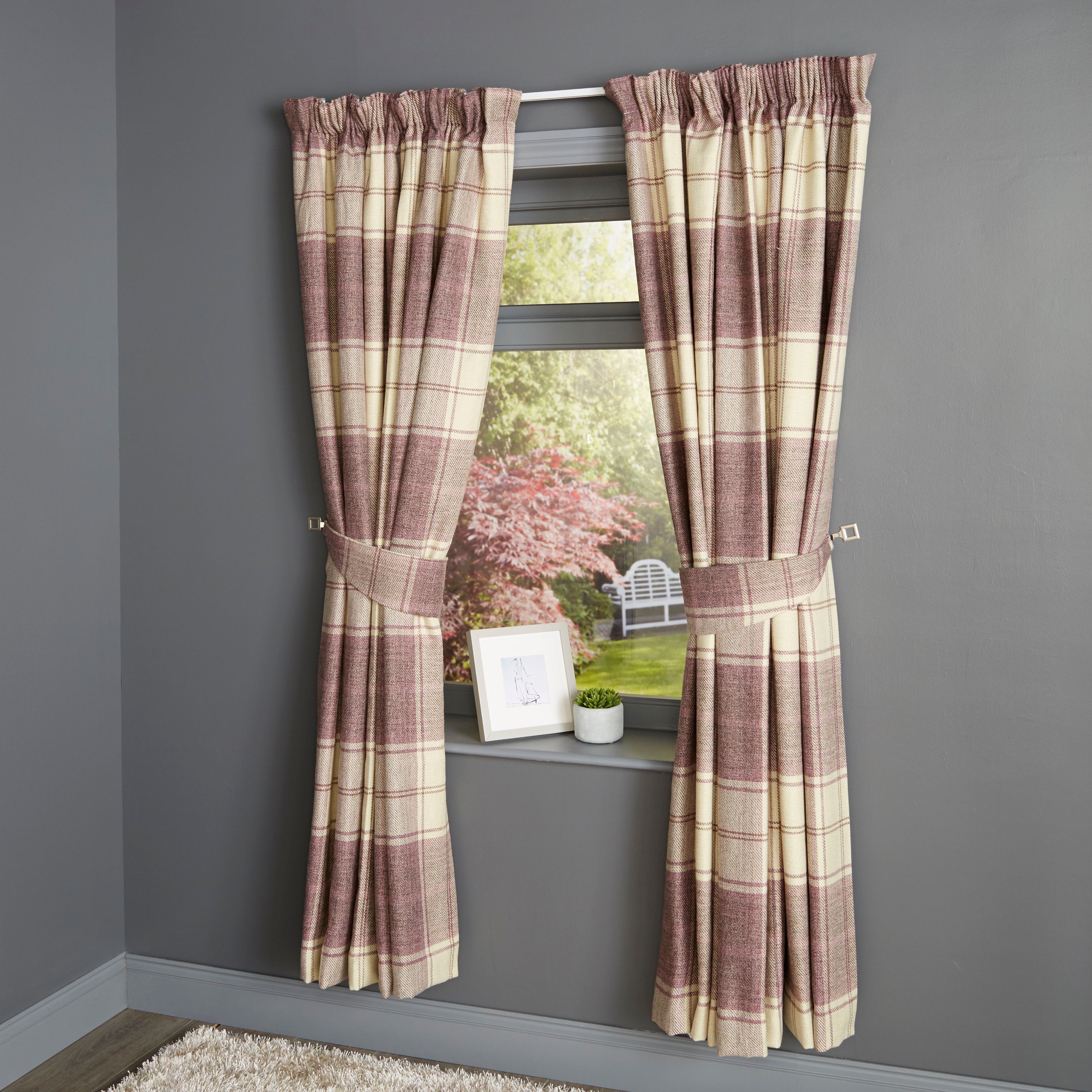 Esmeralda Purple Check Thermal Lined Pencil Pleat Curtains (W)167cm (L ...