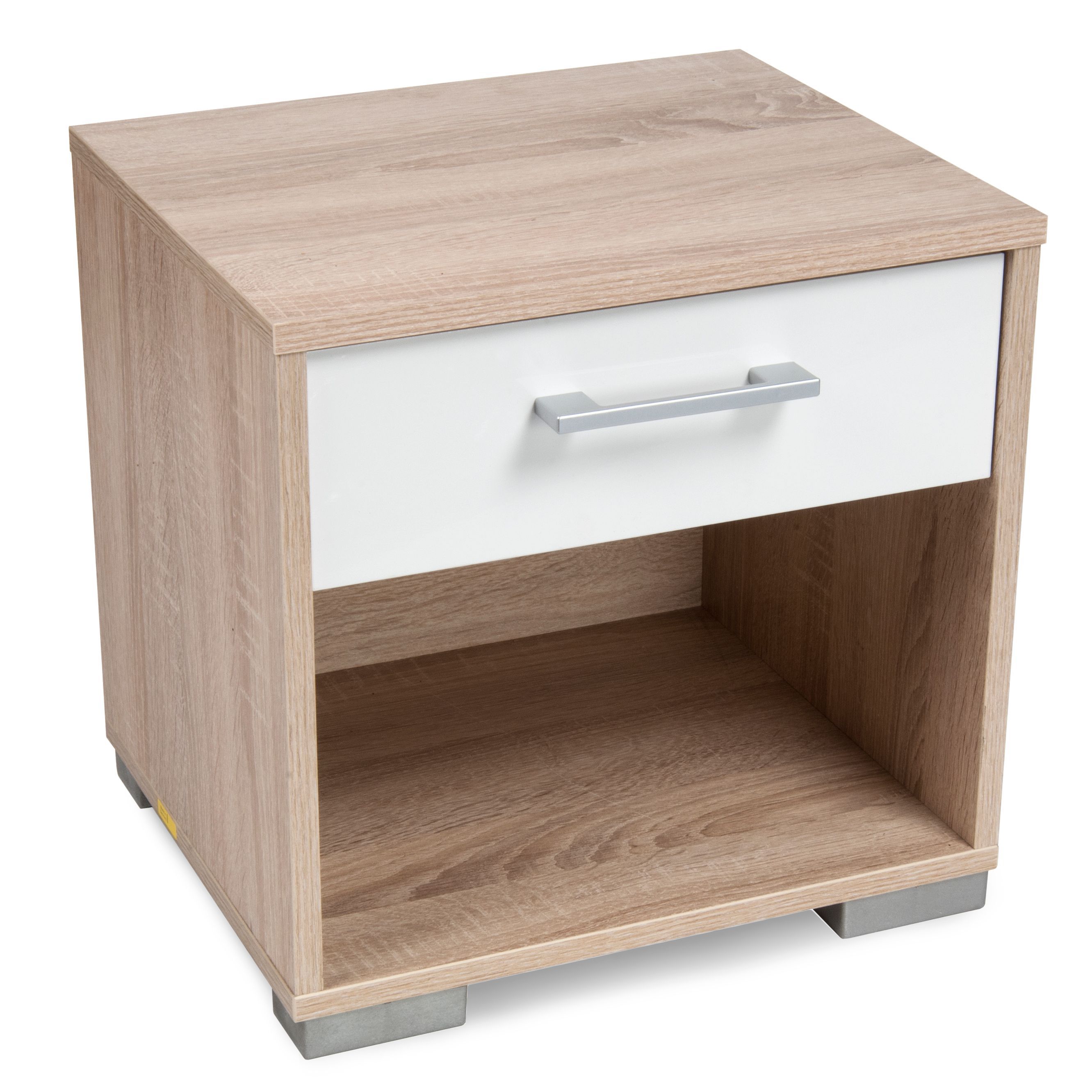 Evie Matt & high gloss white oak effect 1 Drawer Bedside chest (H)393mm (W)402mm (D)342mm
