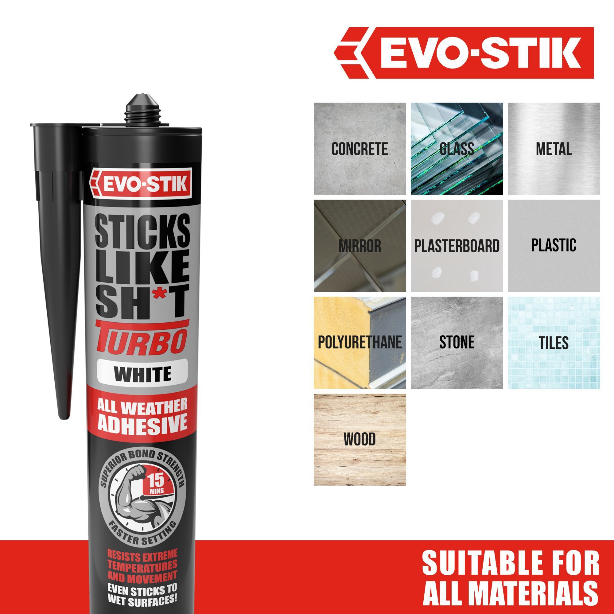 Evo-Stik Sticks Like Sh*t Turbo White Waterproof Grab adhesive, Volume 290ml