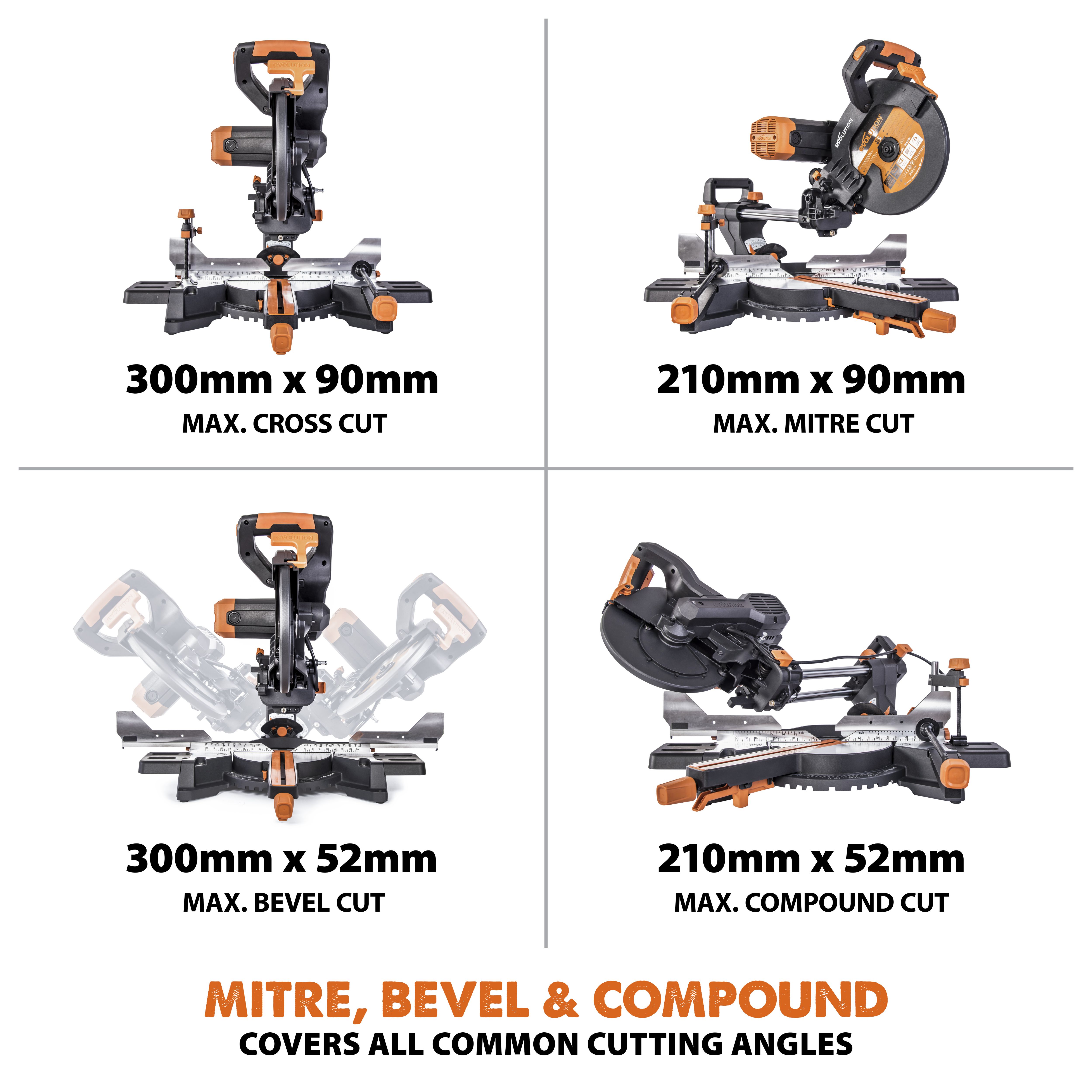 Evolution 2000W 230-240V 255mm Corded Sliding double compound mitre saw R255SMS+