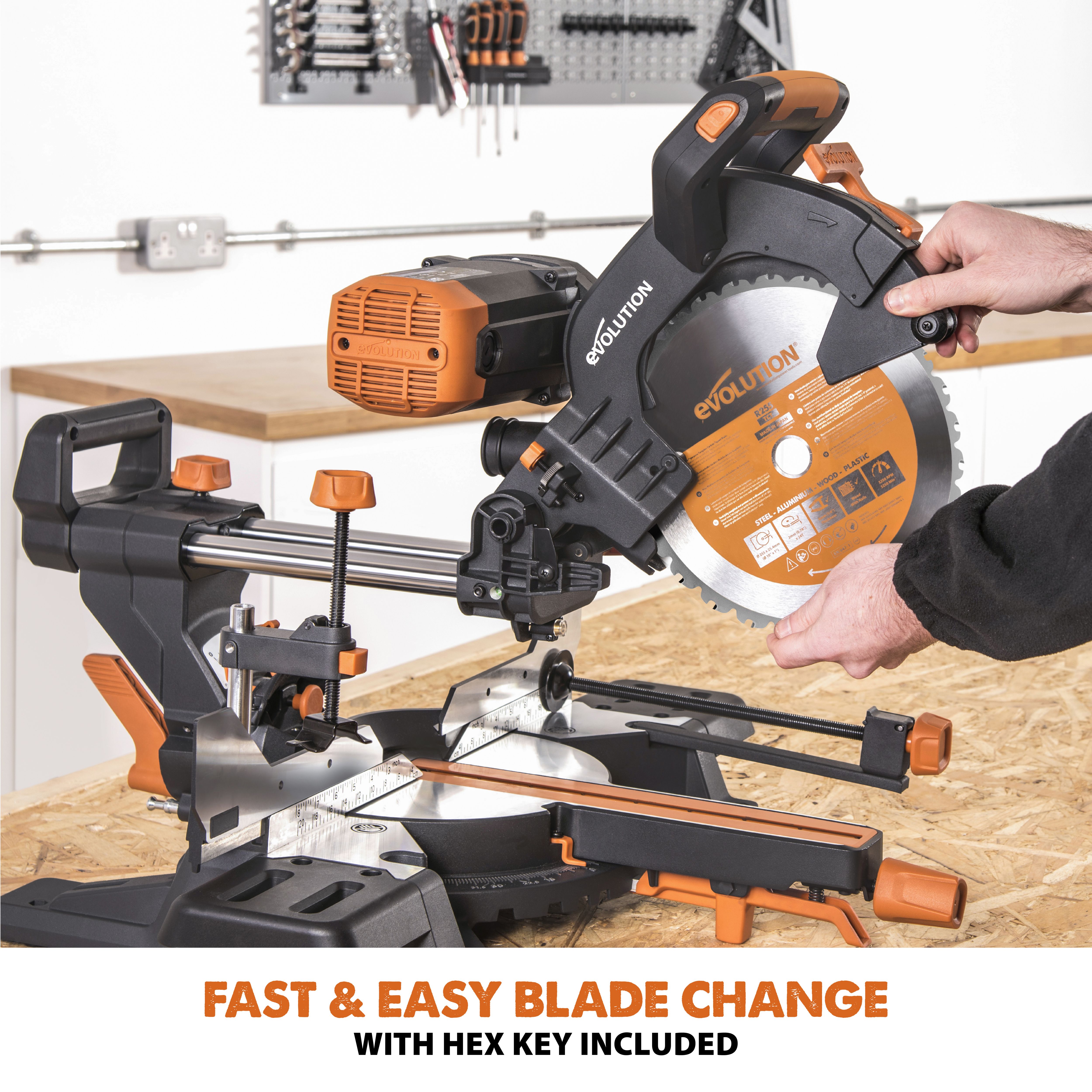Evolution 2000W 230-240V 255mm Corded Sliding double compound mitre saw R255SMS+