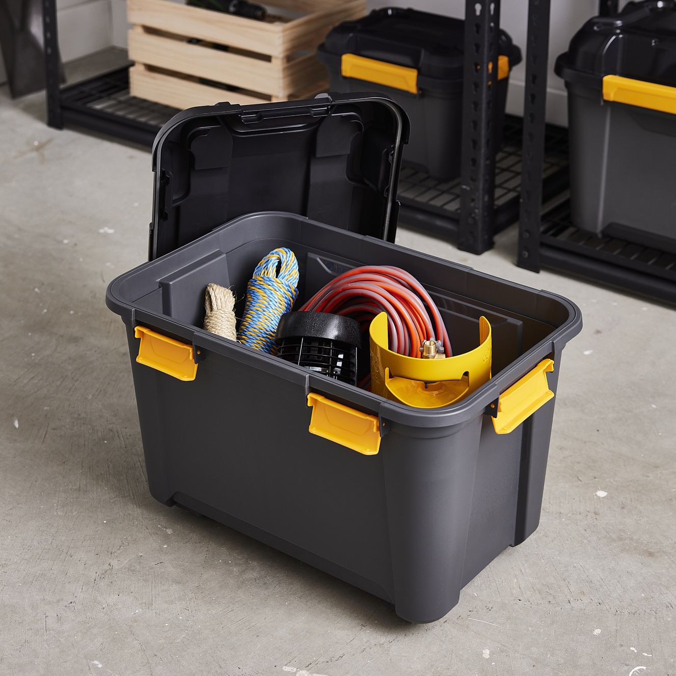 Ezy Storage Bunker tough Heavy duty Black 55L Medium Plastic Stackable ...