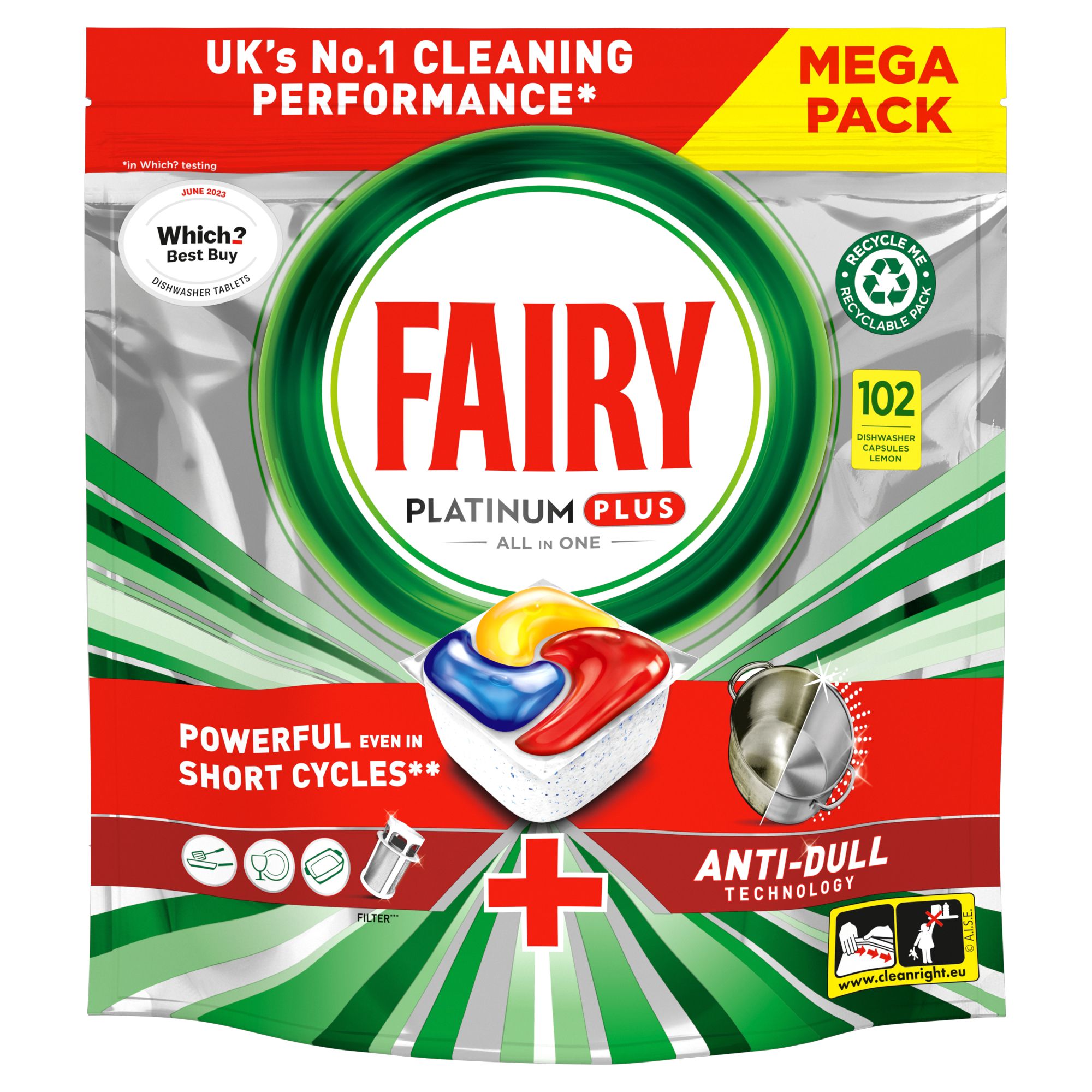 Fairy Platinum Plus Lemon All in One Dishwasher tablets, Pack of 102, 1.97kg