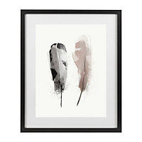 Feathers Grey & pink Framed print (H)430mm (W)330mm