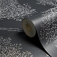 Fine Décor Black Trees Glitter effect Textured Wallpaper