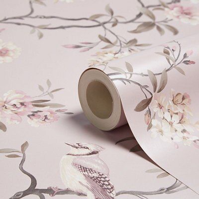 Fine Décor Chinoiserie Pink Foliage & birds Smooth Wallpaper