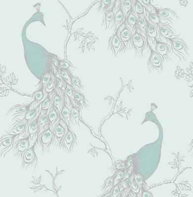 Fine Décor Empress Duck egg & teal Foliage & birds Glitter effect Smooth Wallpaper