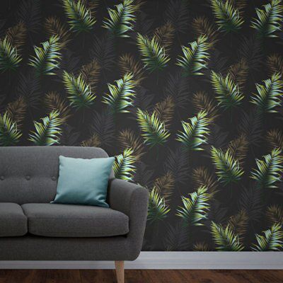 Fine Decor Kalani Black & green Palm leaf Wallpaper