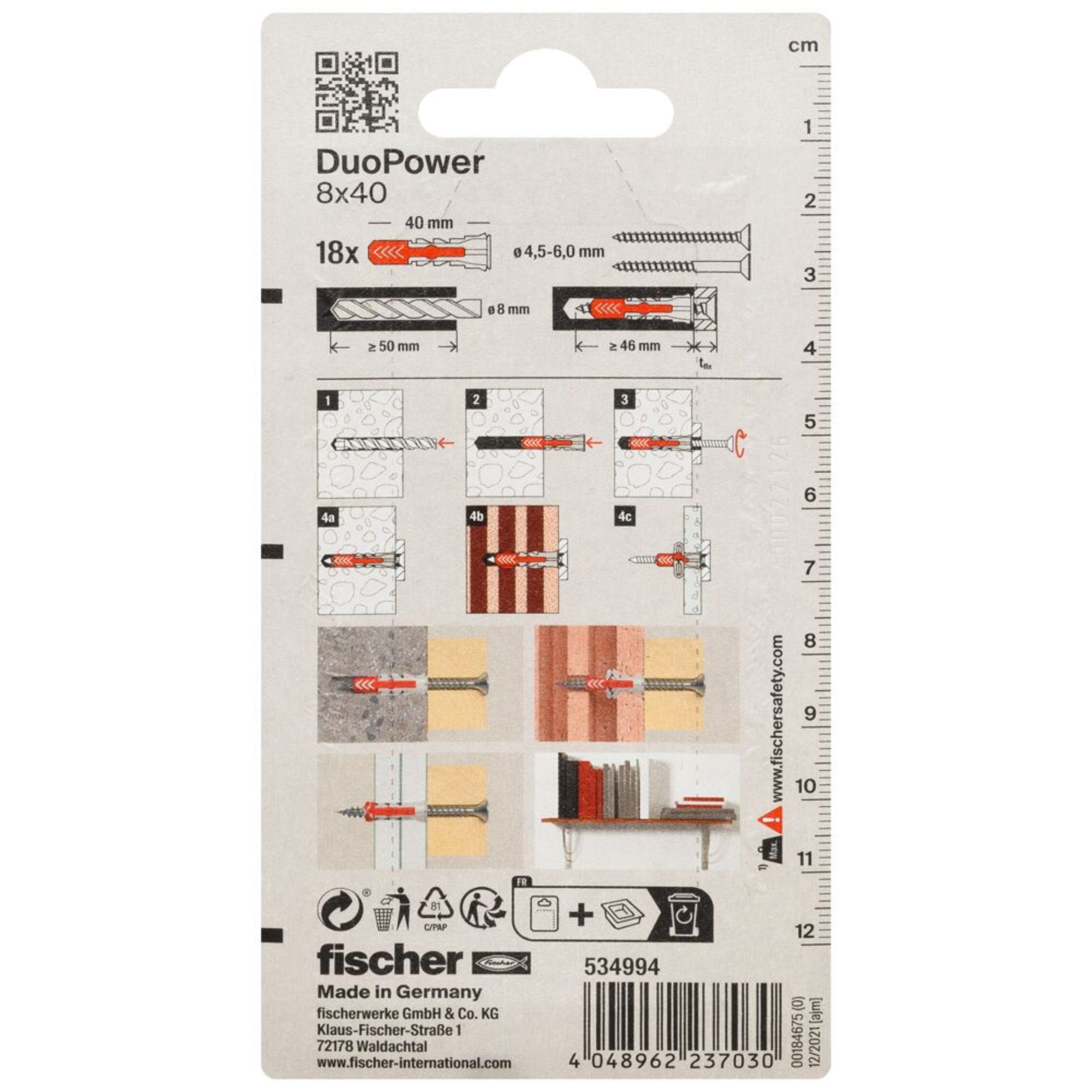 Fischer DuoPower Grey & red Nylon Wall plug (Dia)8mm (L)40mm, Pack of 18