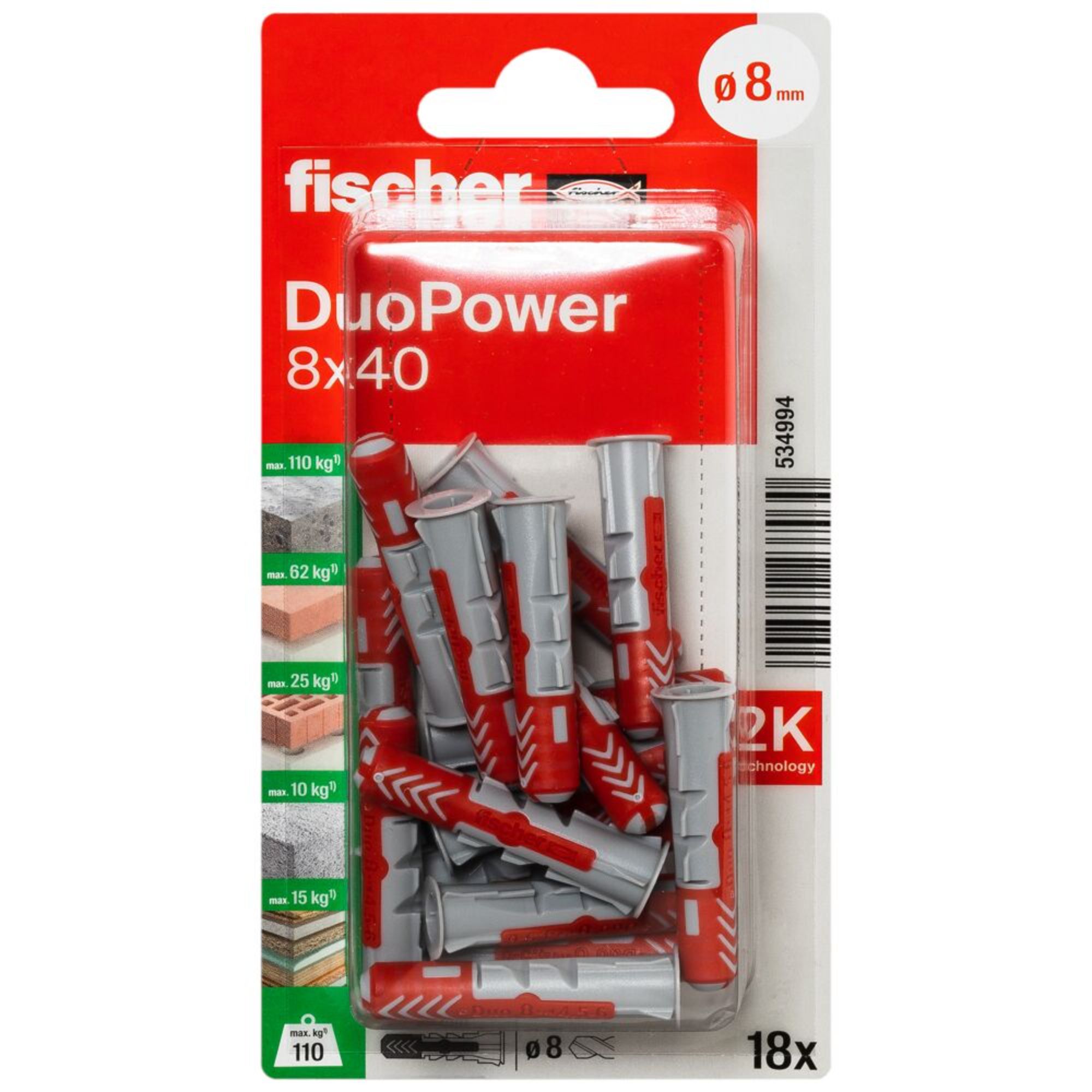 Fischer DuoPower Grey & red Nylon Wall plug (Dia)8mm (L)40mm, Pack of 18