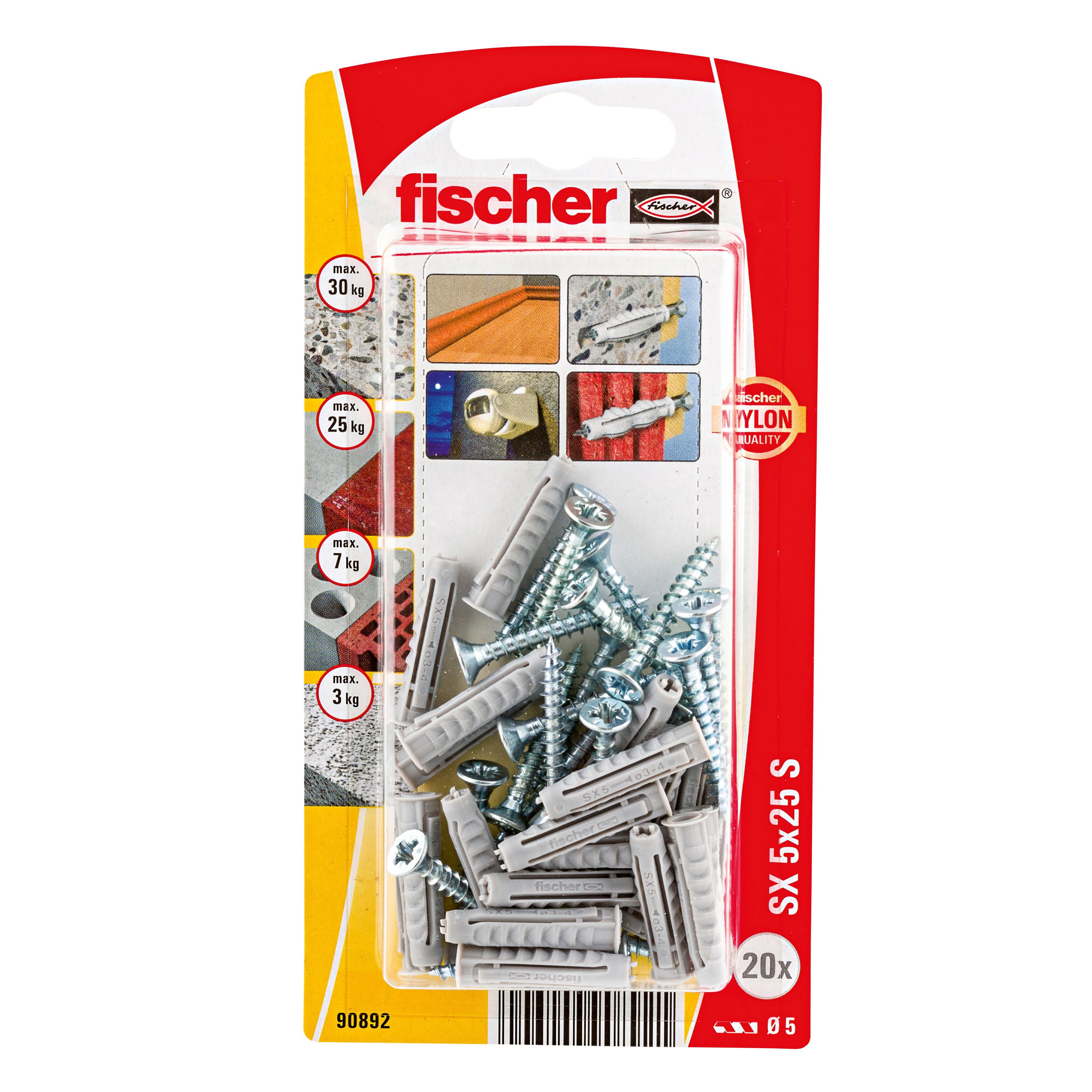 Fischer Grey Multi-purpose screw & wall plug (Dia)5mm (L)25mm, Pack of 20