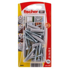 Fischer Grey Multi-purpose screw & wall plug (Dia)6mm (L)30mm, Pack of 15