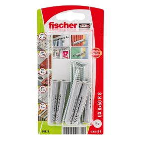 Fischer Grey Nylon & steel Multi-purpose screw & wall plug (Dia)8mm (L)50mm, Pack of 5
