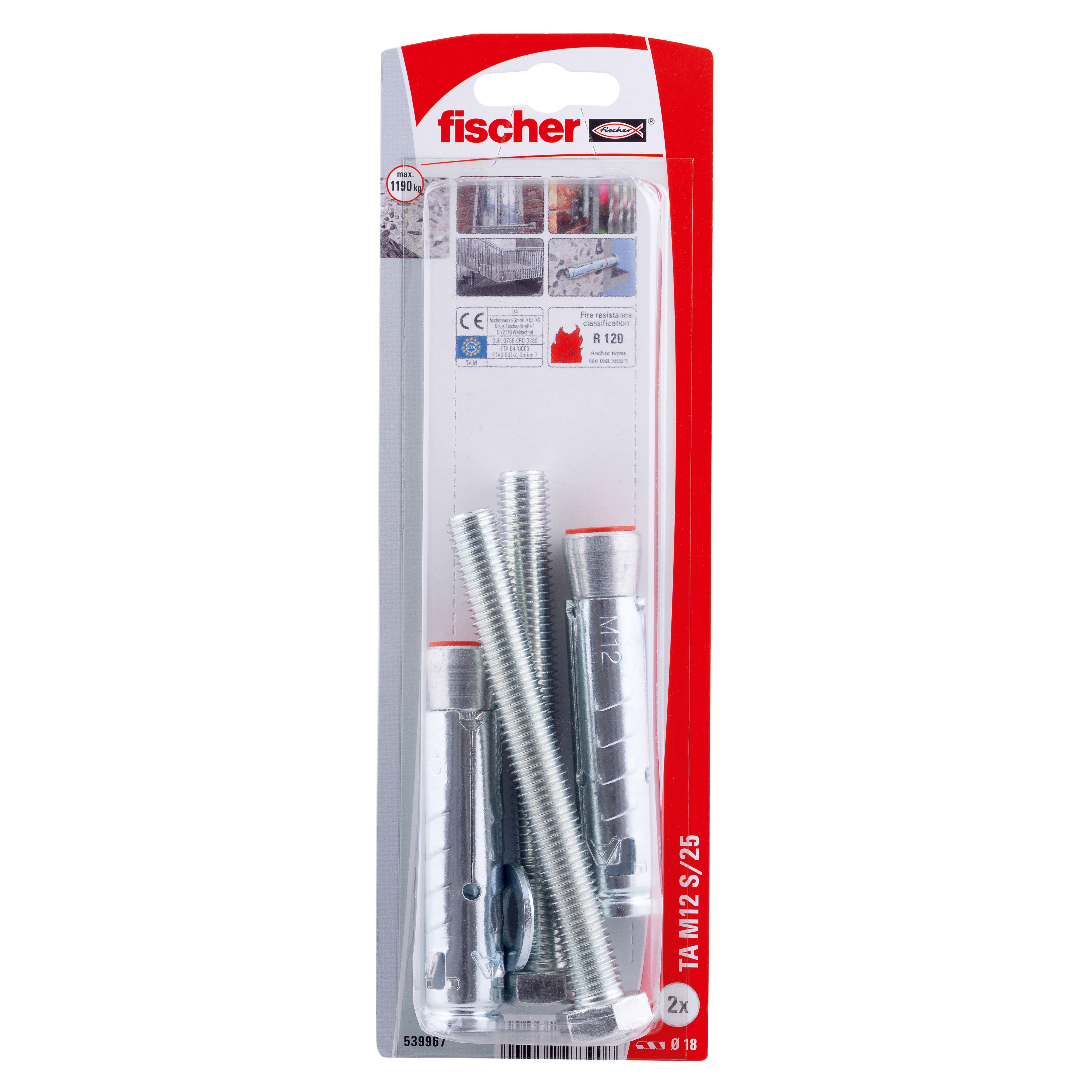 Fischer M12 Steel Electro zinc-plated Sleeve anchor (L)86mm, Pack of 2