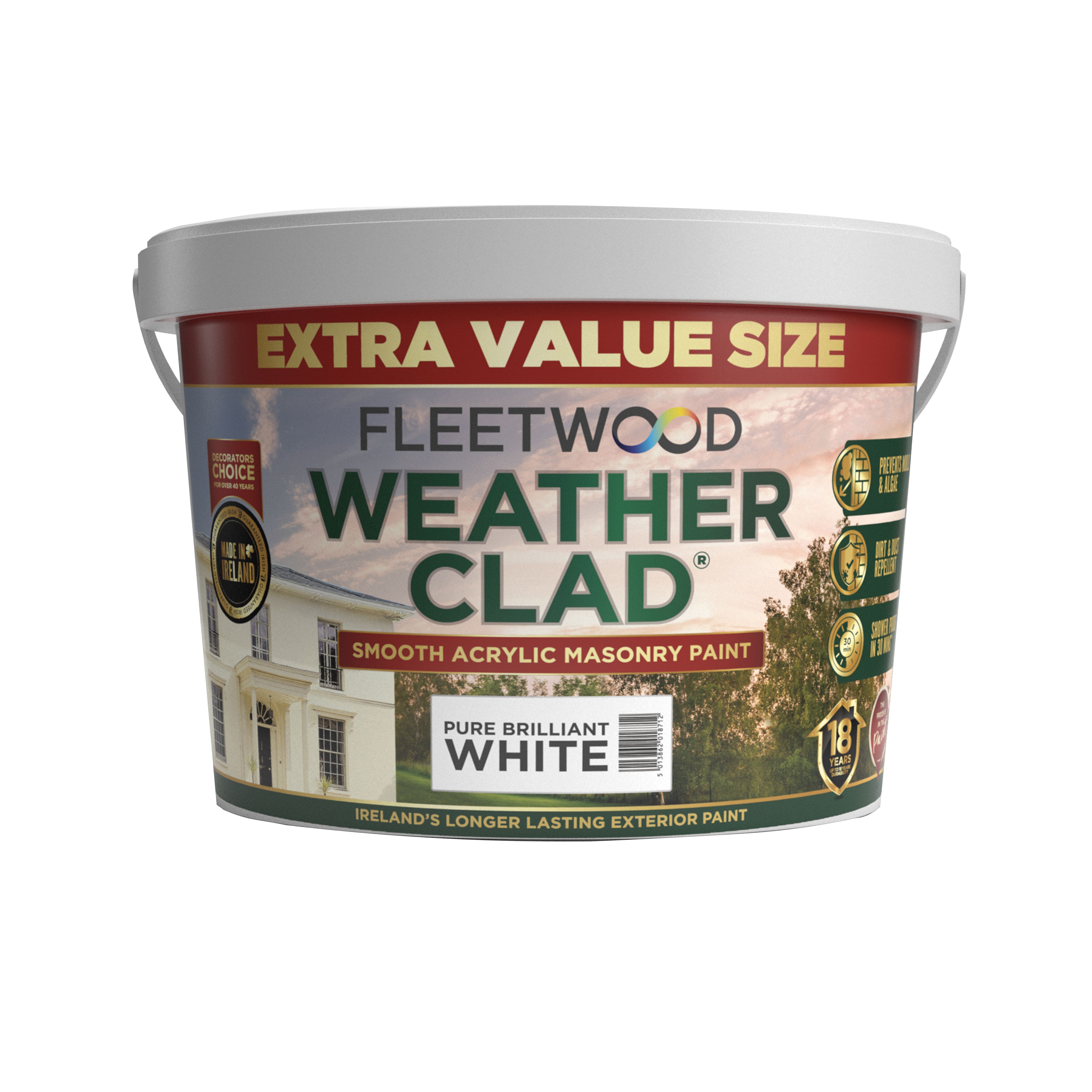 Fleetwood Weather Clad White Smooth Mid sheen Masonry paint, 11L Tub