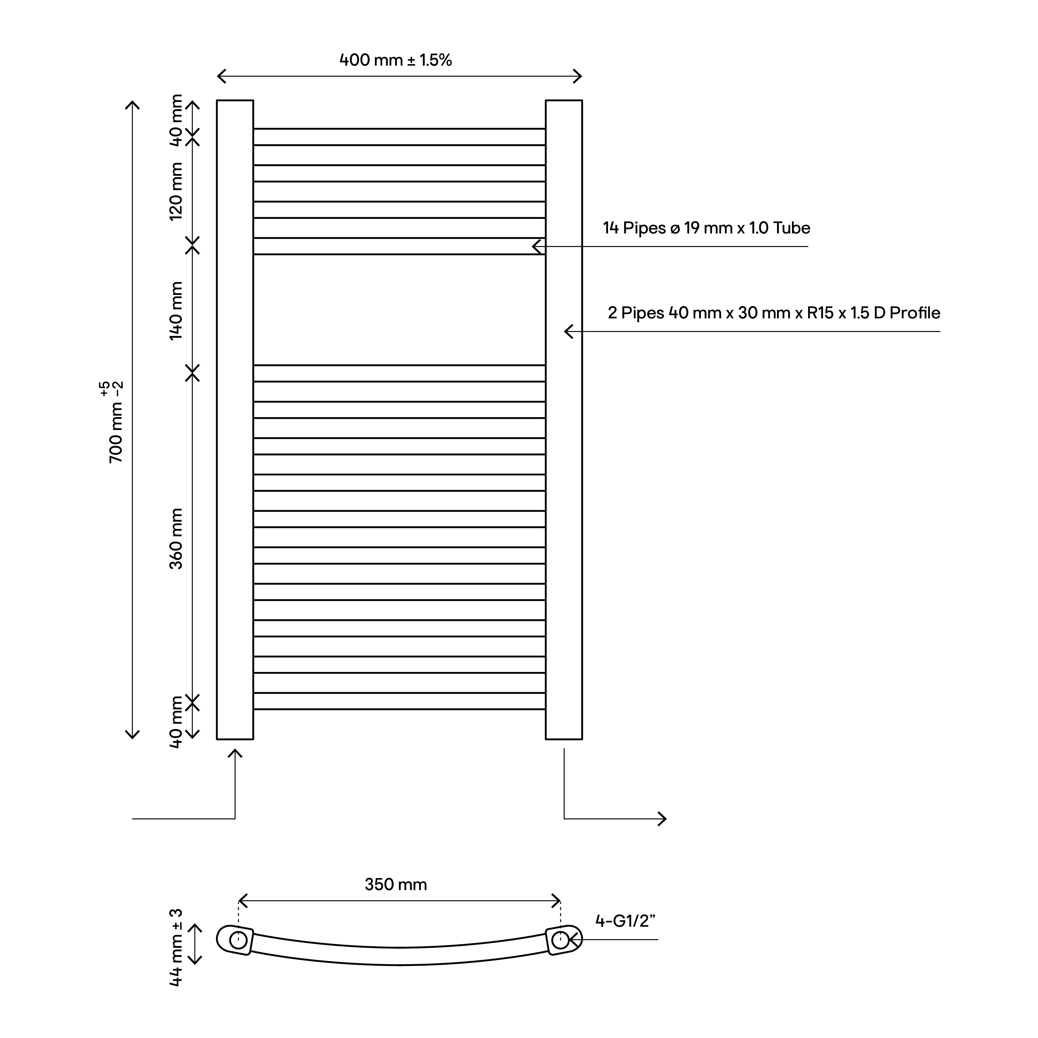 Flomasta Black 924BTU Vertical Towel radiator (W)400mm x (H)700mm