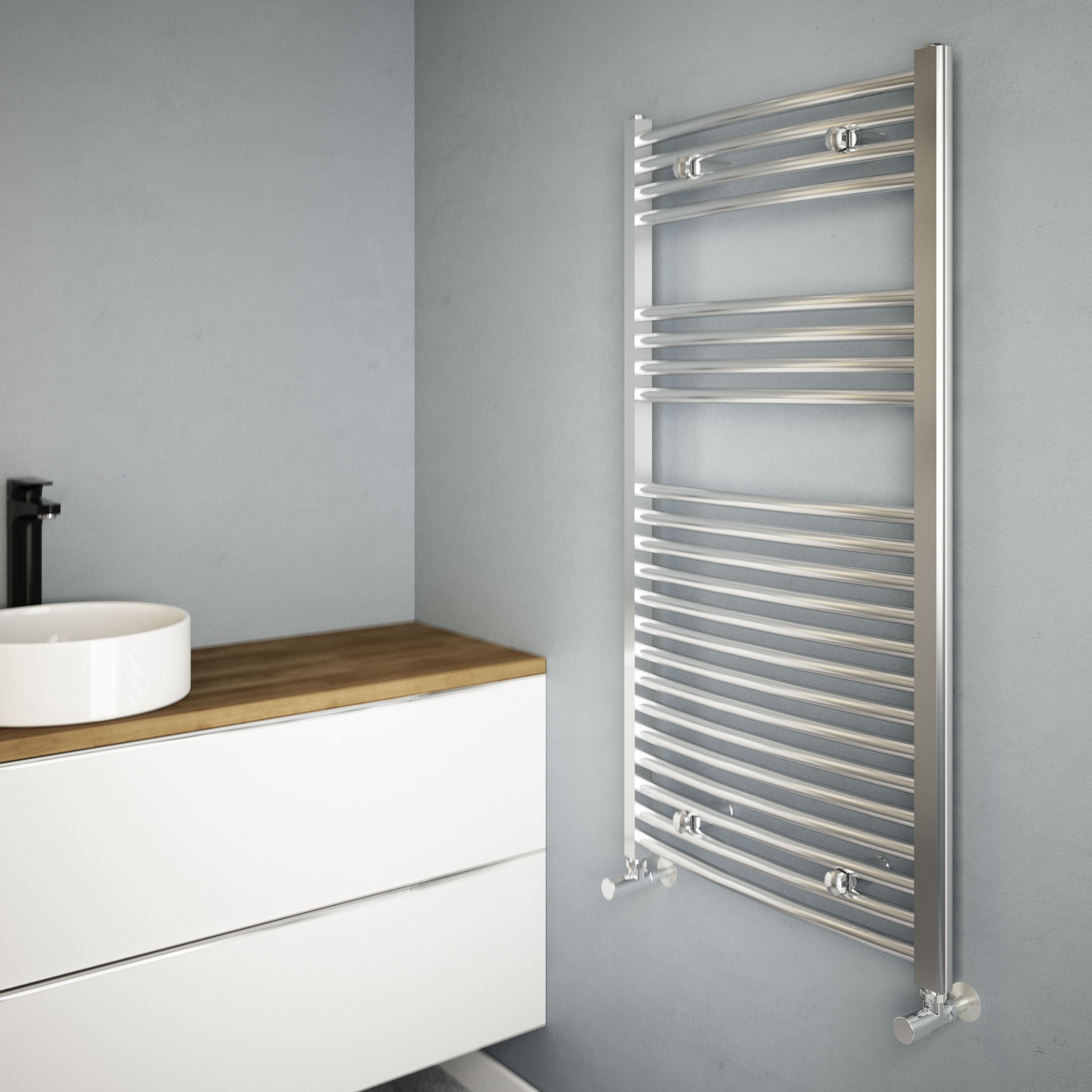 Flomasta Curved Chrome effect 1388BTU Vertical Towel radiator (W)600mm x (H)1100mm