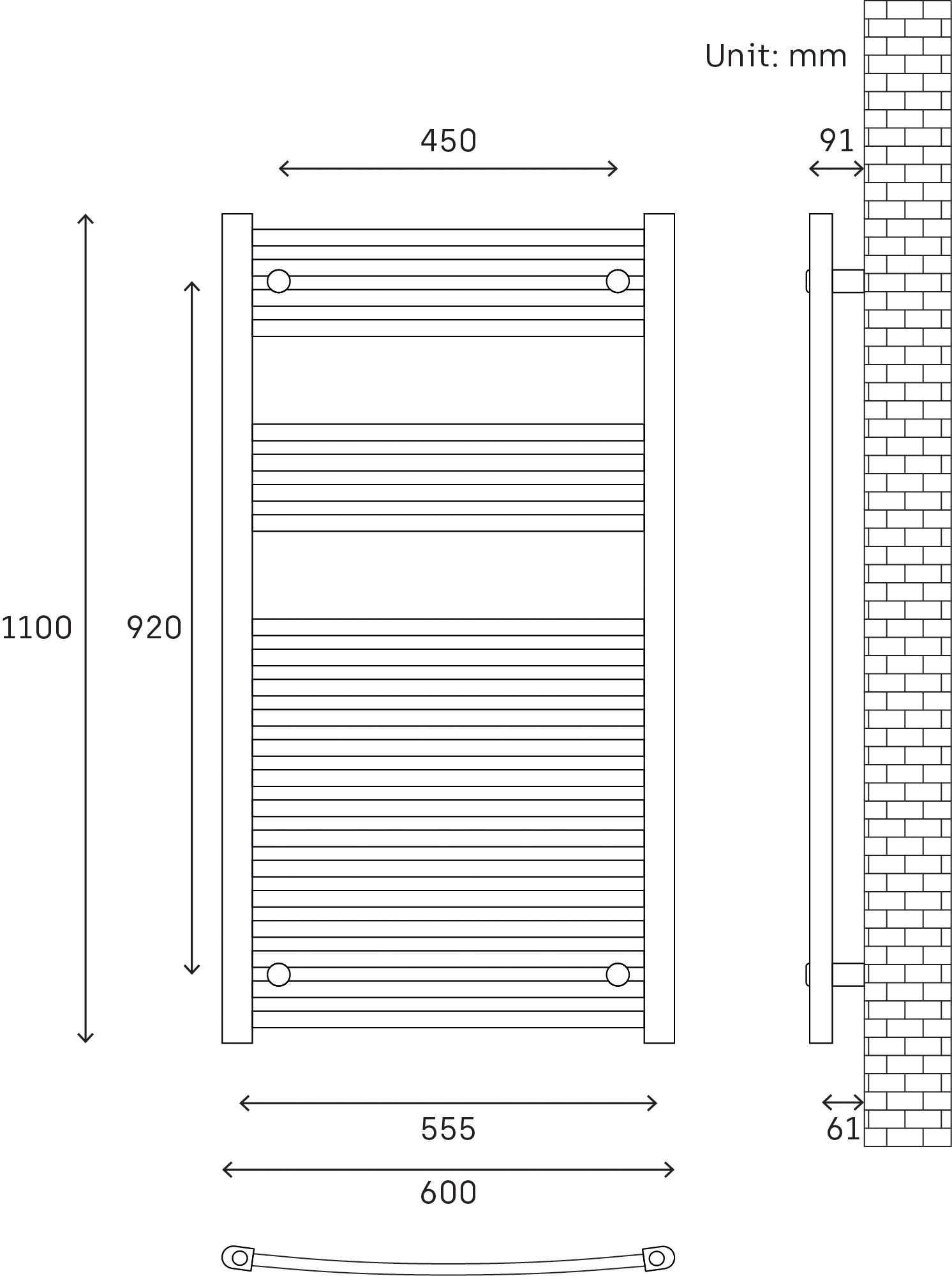 Flomasta Curved Chrome effect 1388BTU Vertical Towel radiator (W)600mm x (H)1100mm