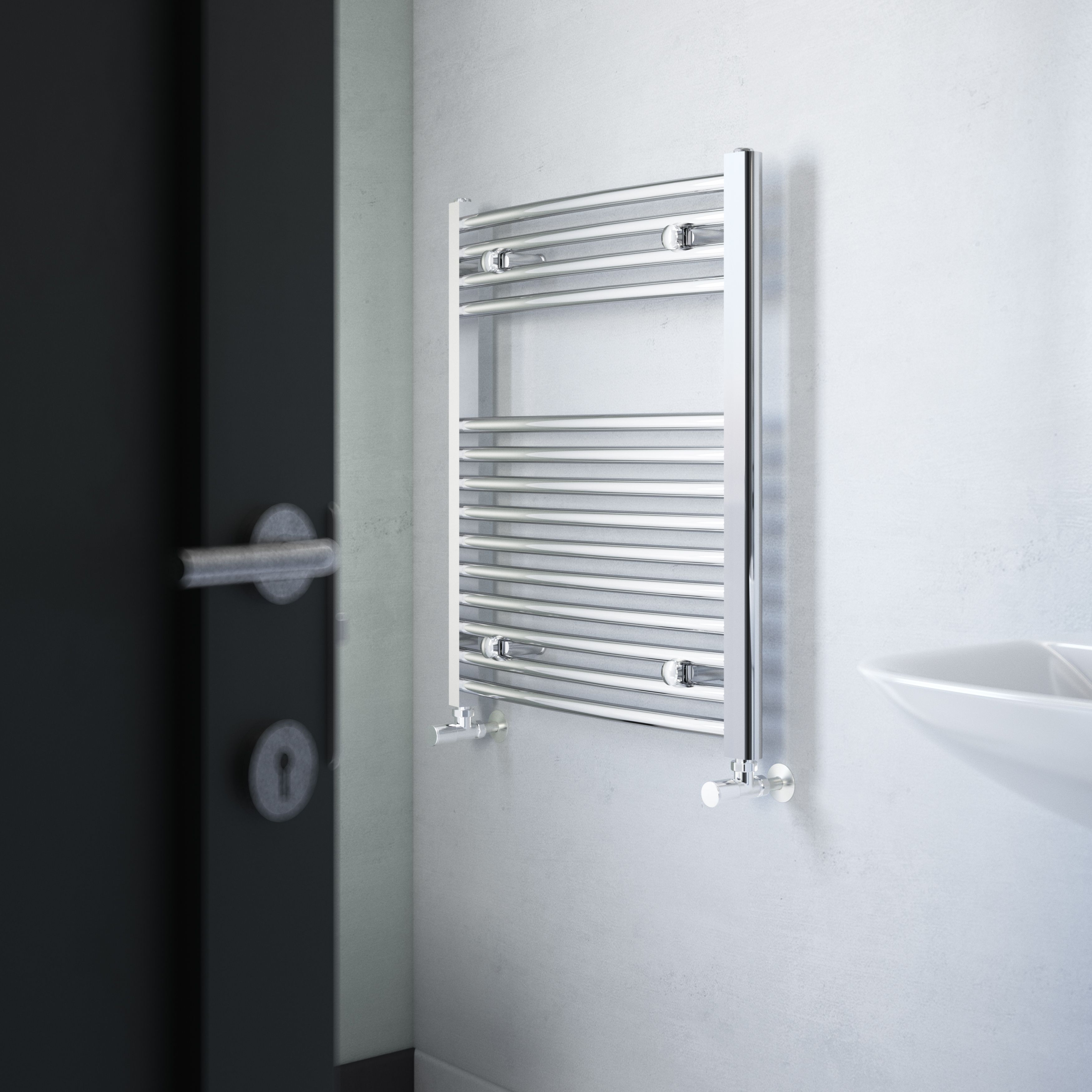 Flomasta Curved Chrome effect 914BTU Vertical Towel radiator (W)600mm x (H)700mm