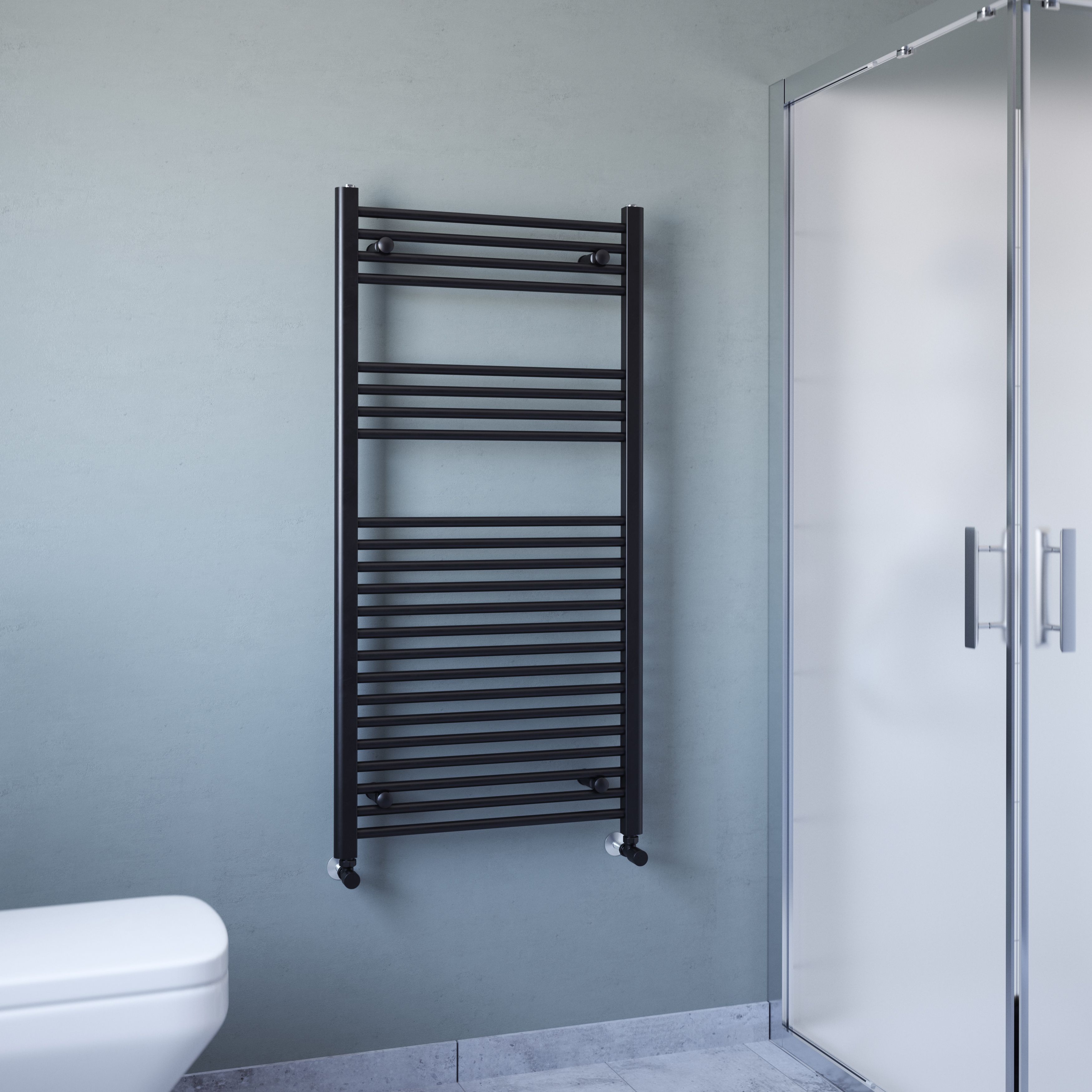 Flomasta Flat Black 2101BTU Vertical Towel radiator (W)600mm x (H)1200mm