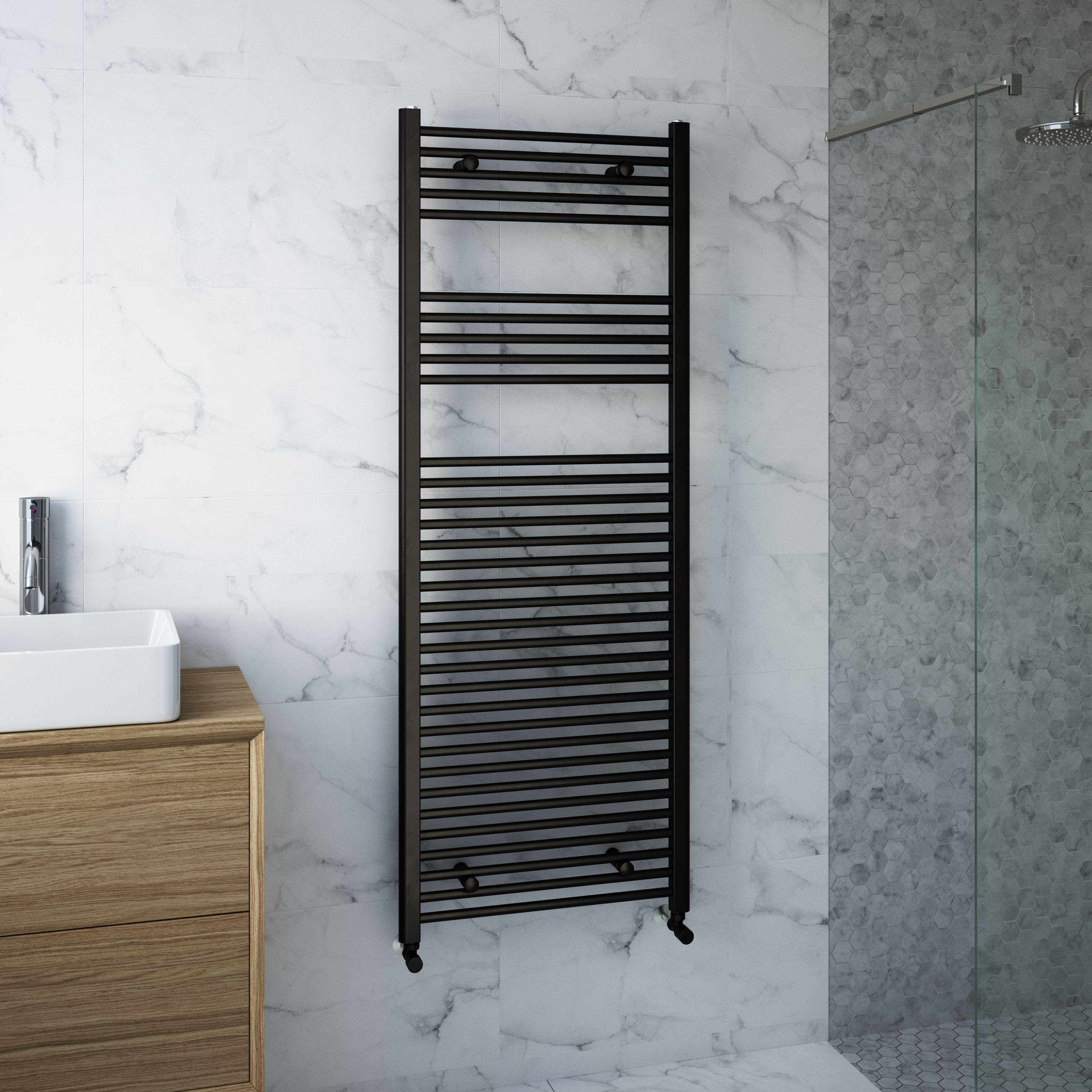Flomasta Flat Black 2783BTU Vertical Towel radiator (W)600mm x (H)1600mm