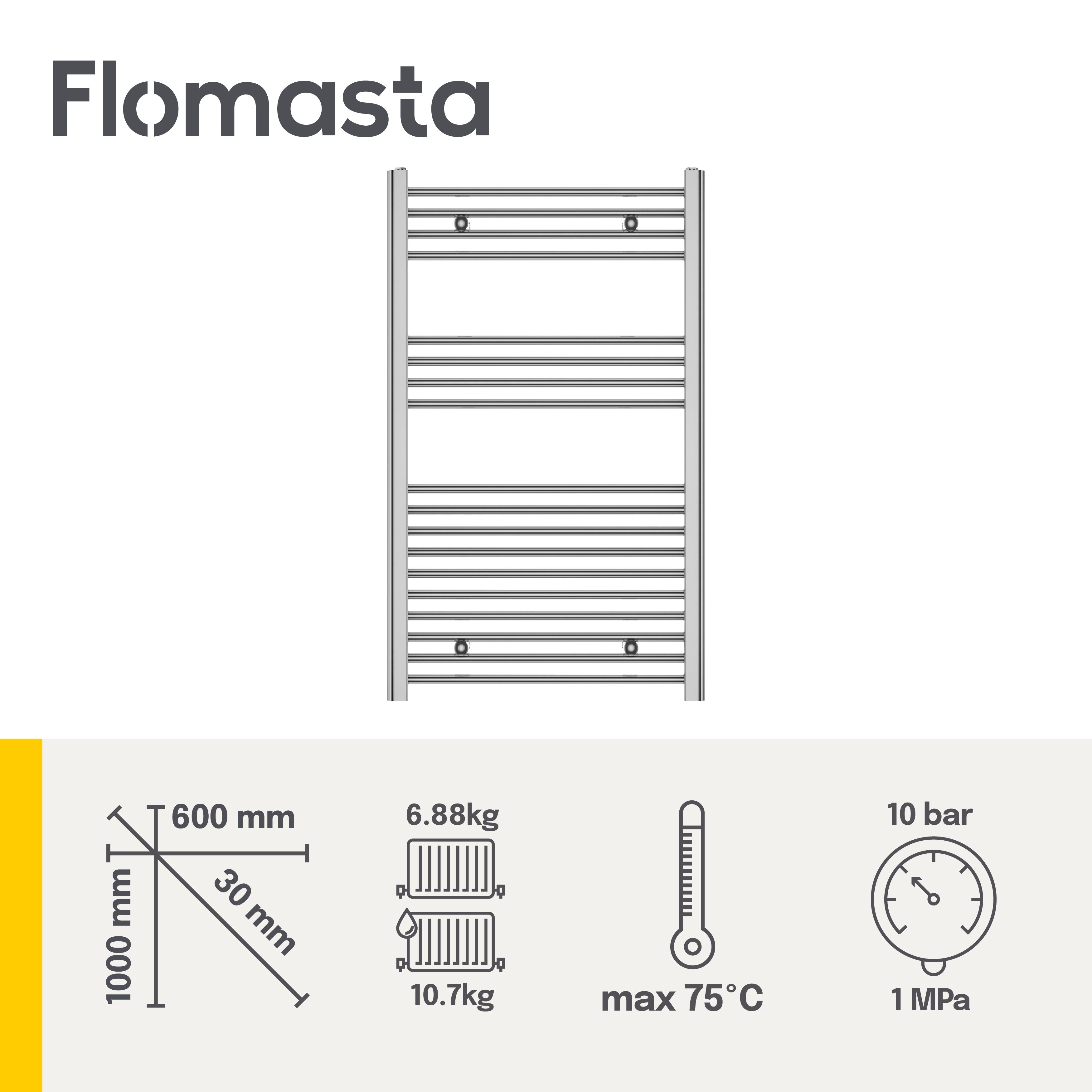 Flomasta Flat Chrome effect 1190BTU Vertical Towel radiator (W)600mm x (H)1000mm