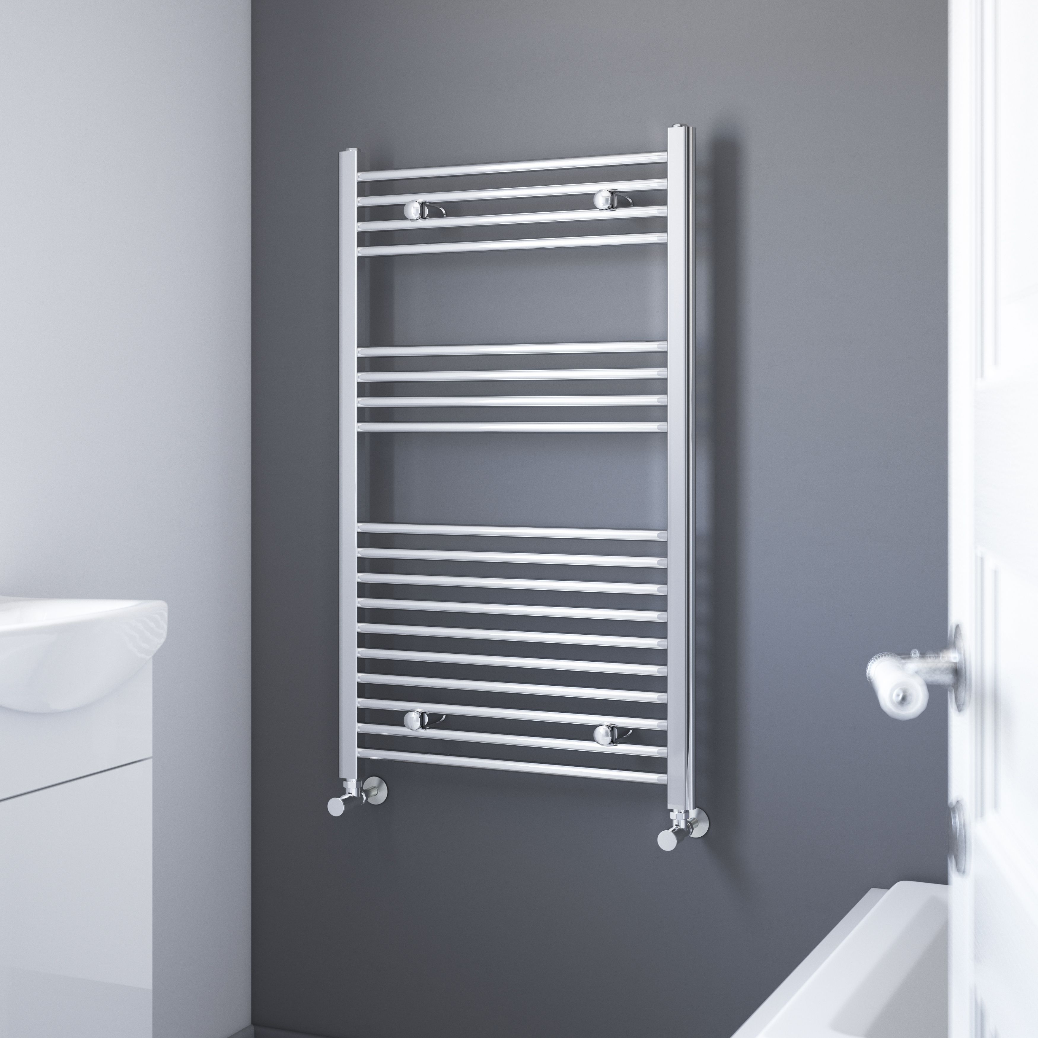 Flomasta Flat Chrome effect 1190BTU Vertical Towel radiator (W)600mm x (H)1000mm