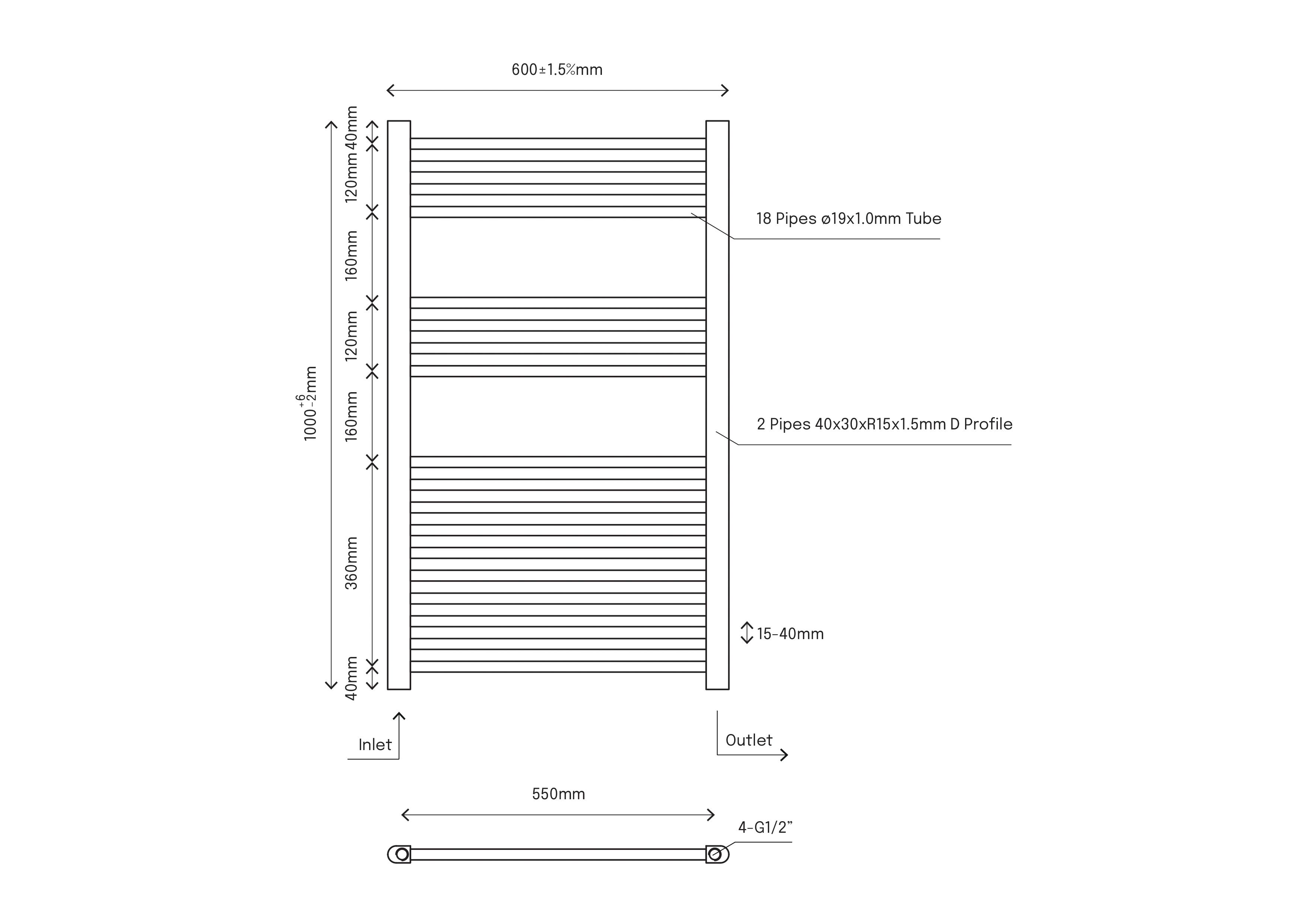 Flomasta Flat Chrome effect 1190BTU Vertical Towel radiator (W)600mm x (H)1000mm