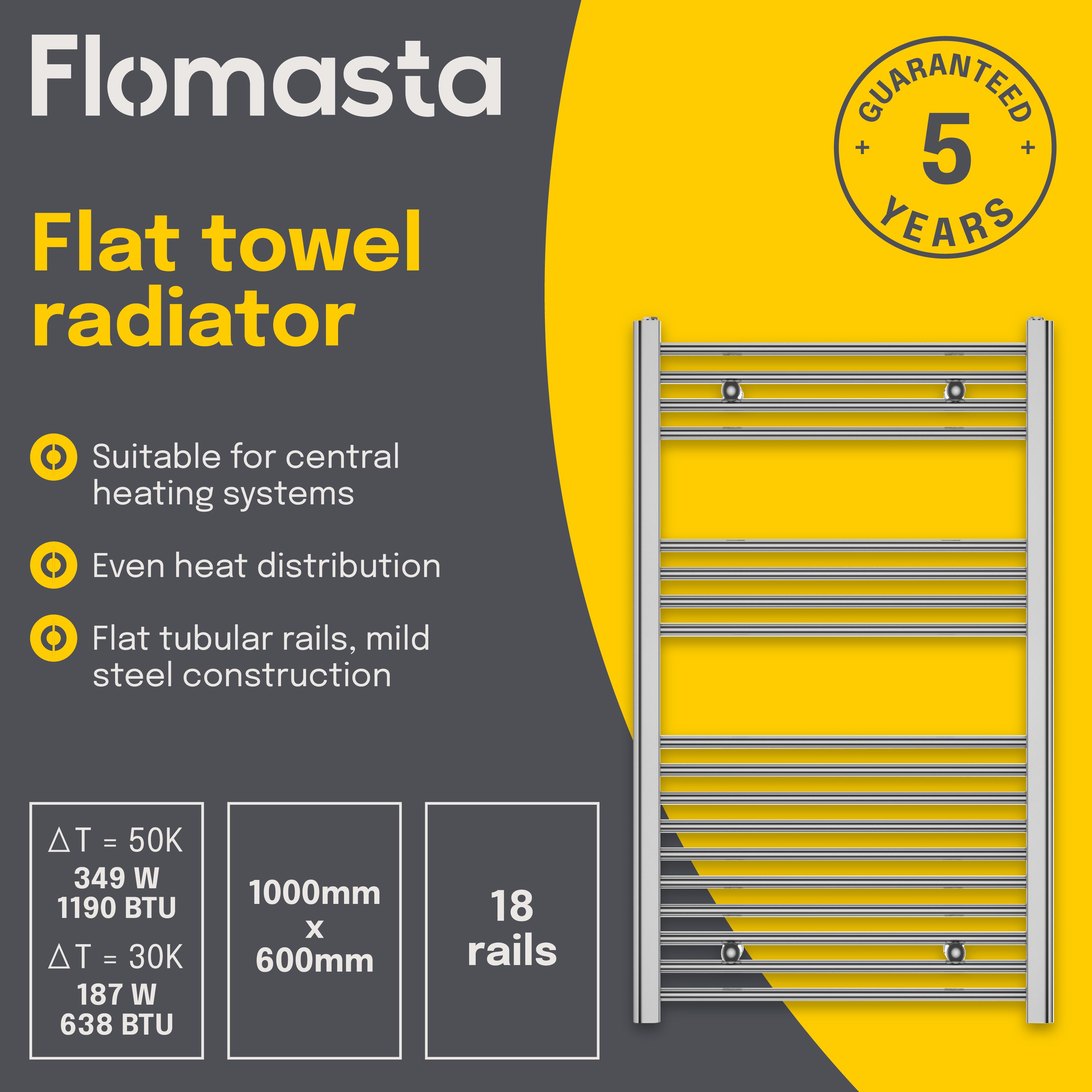 Flomasta Flat Chrome effect 1190BTU Vertical Towel radiator (W)600mm x (H)1000mm