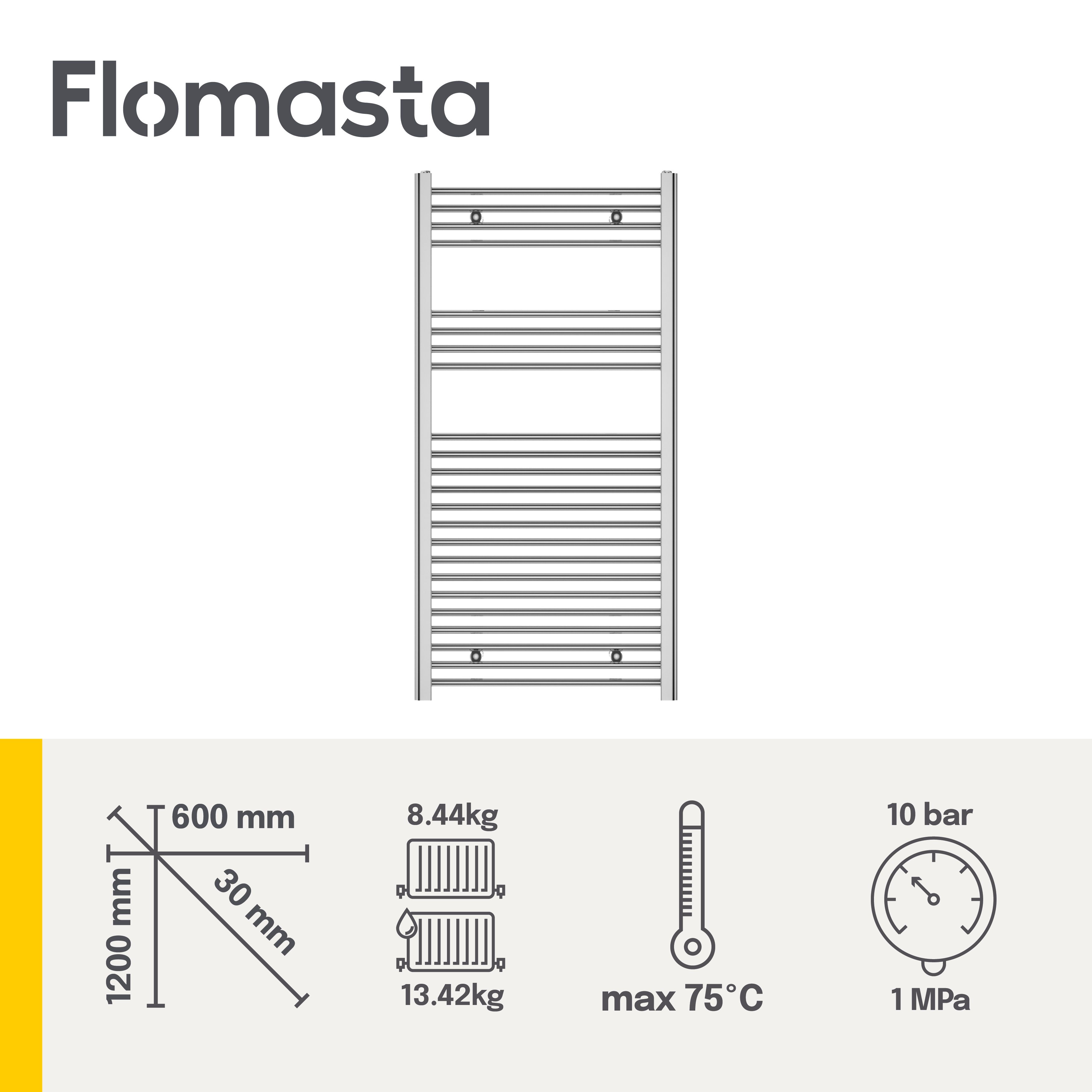 Flomasta Flat Chrome effect 1415BTU Vertical Towel radiator (W)600mm x (H)1200mm