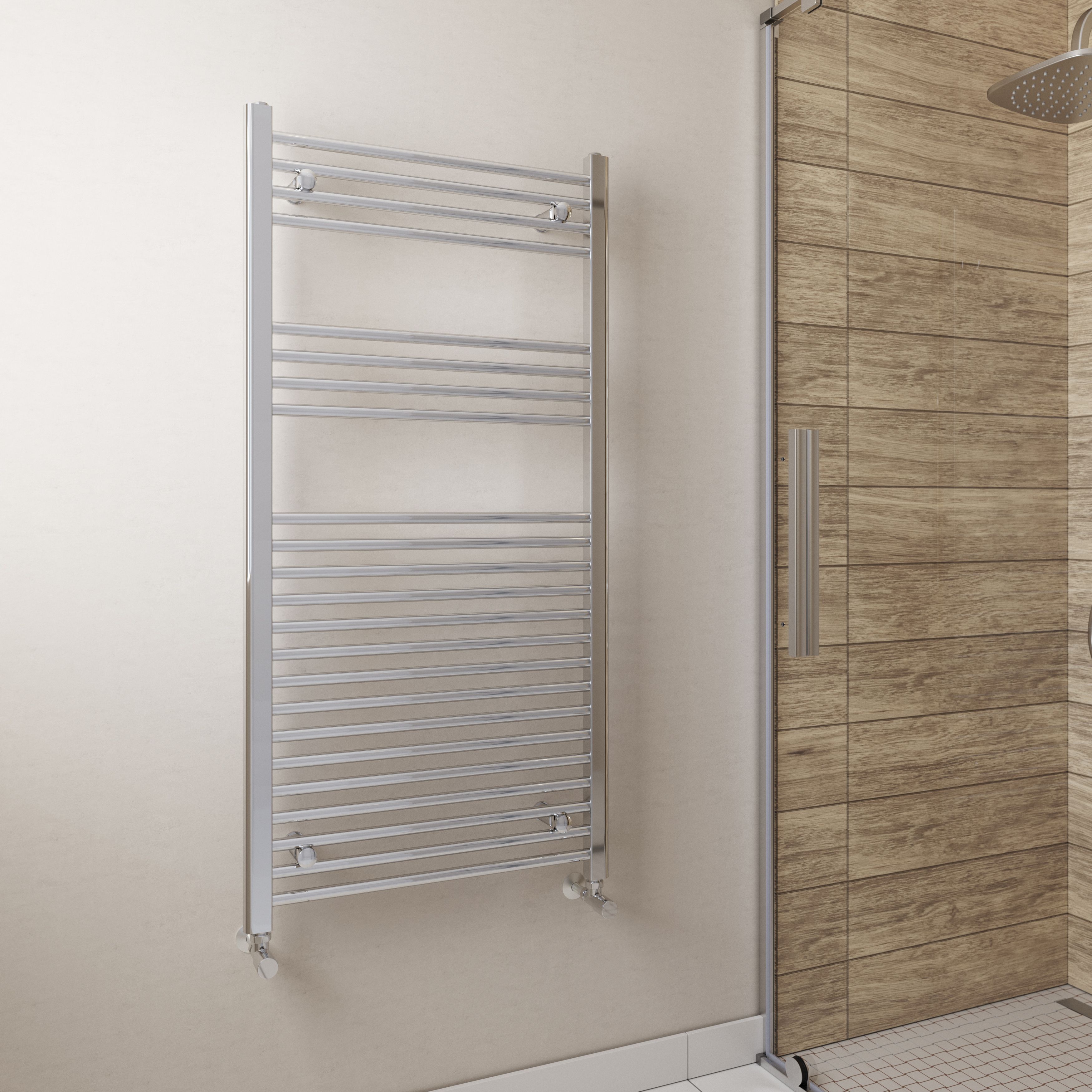 Flomasta Flat Chrome effect 1415BTU Vertical Towel radiator (W)600mm x (H)1200mm