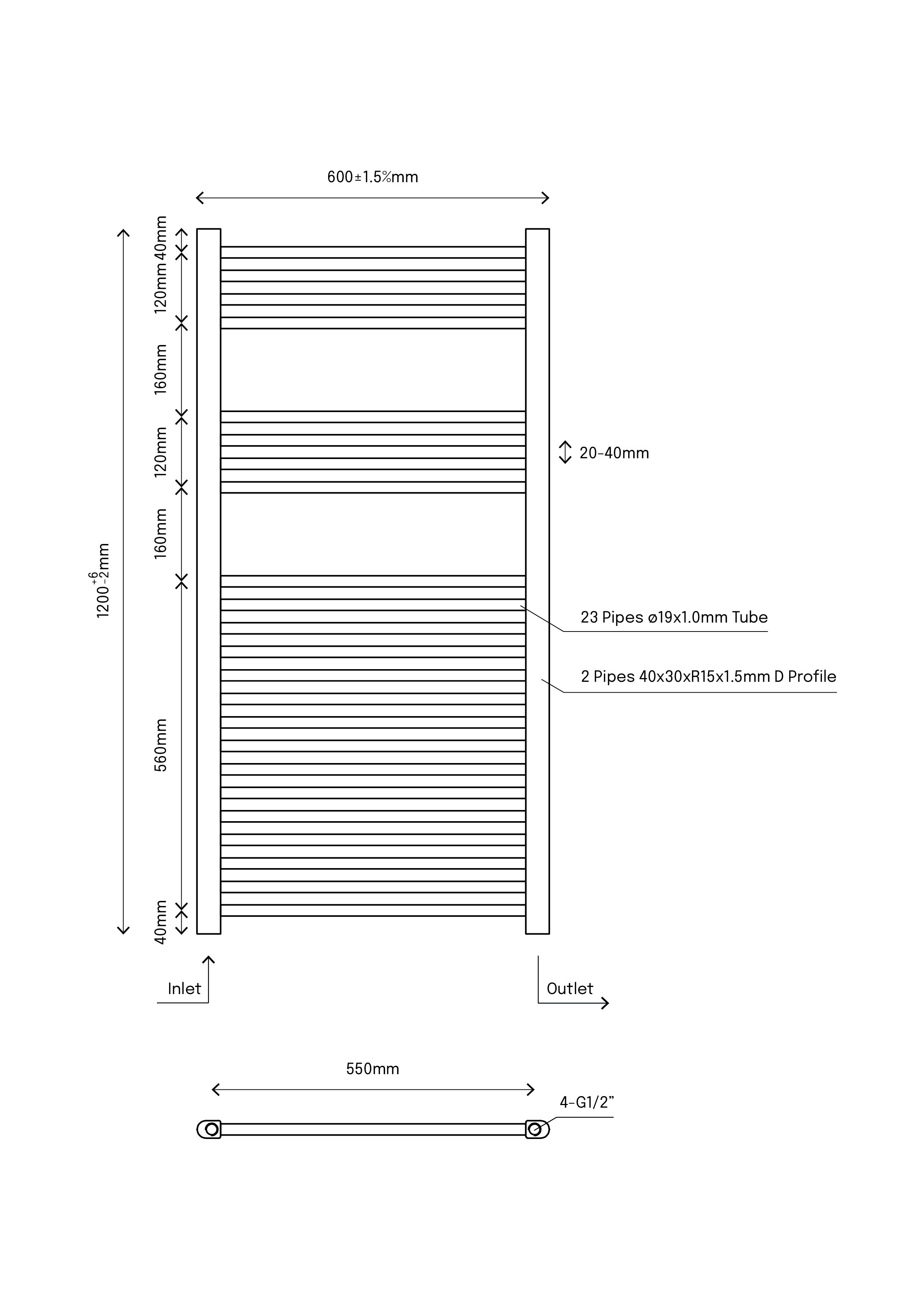 Flomasta Flat Chrome effect 1415BTU Vertical Towel radiator (W)600mm x (H)1200mm