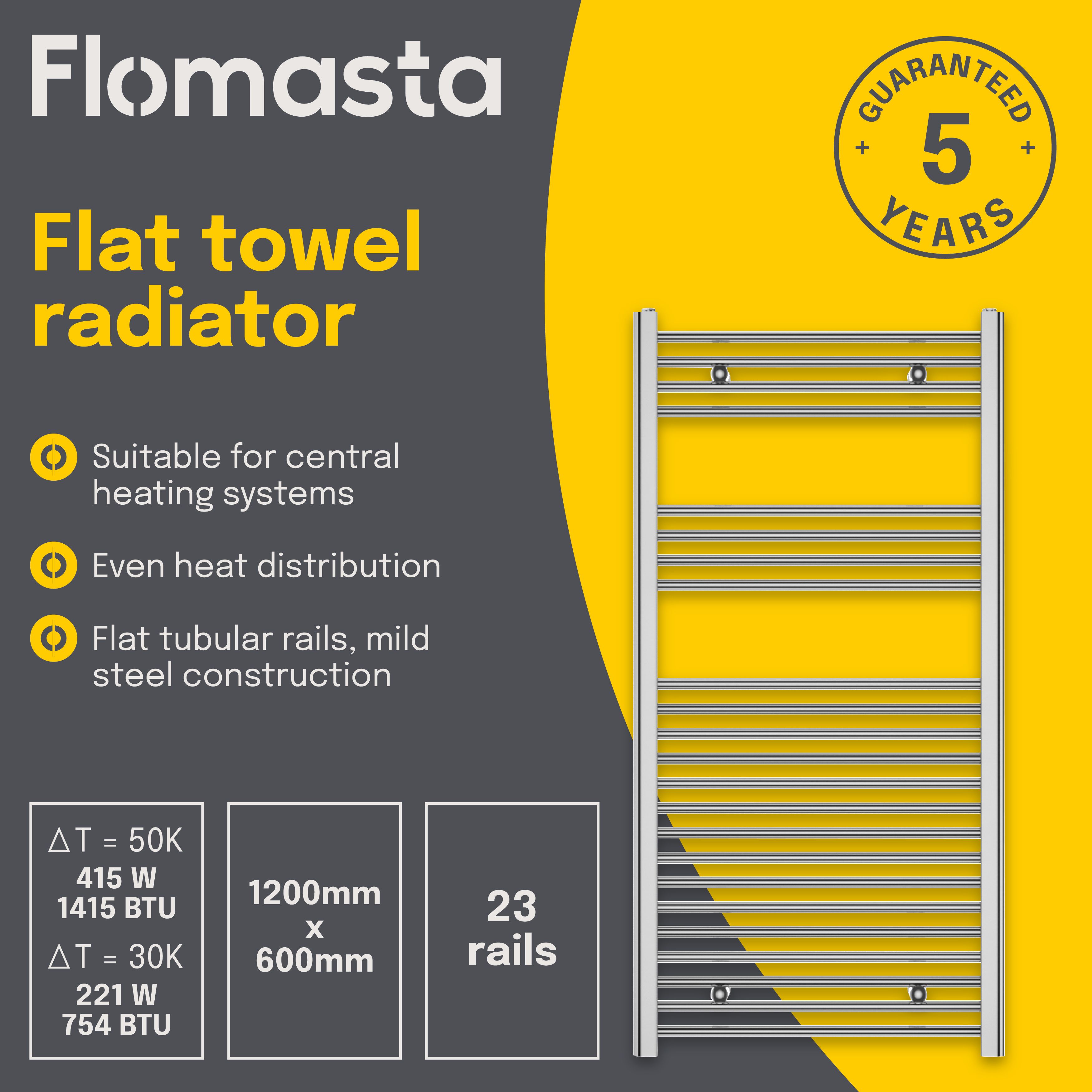 Flomasta Flat Chrome effect 1415BTU Vertical Towel radiator (W)600mm x (H)1200mm
