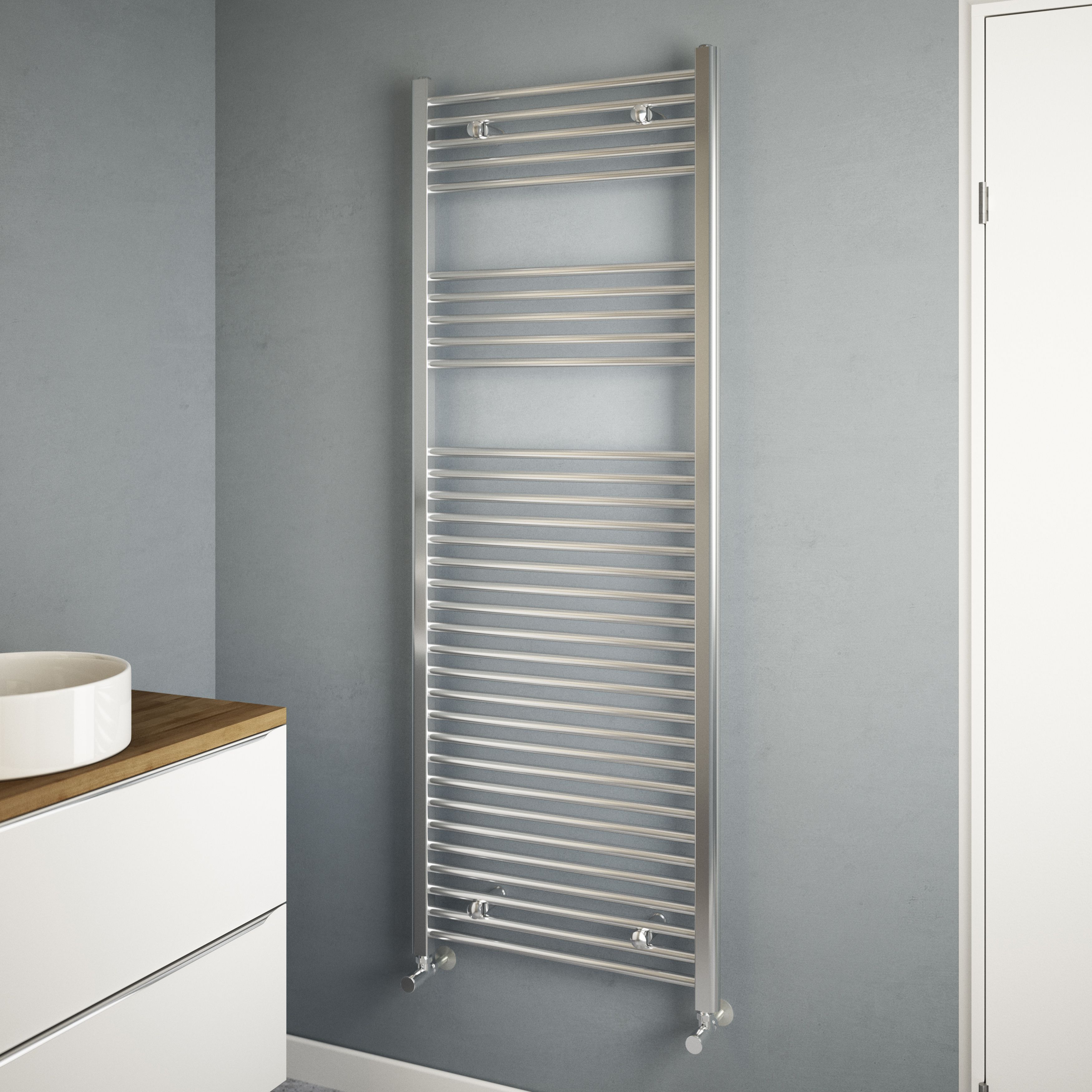 Flomasta Flat Chrome effect 1889BTU Vertical Towel radiator (W)600mm x (H)1600mm