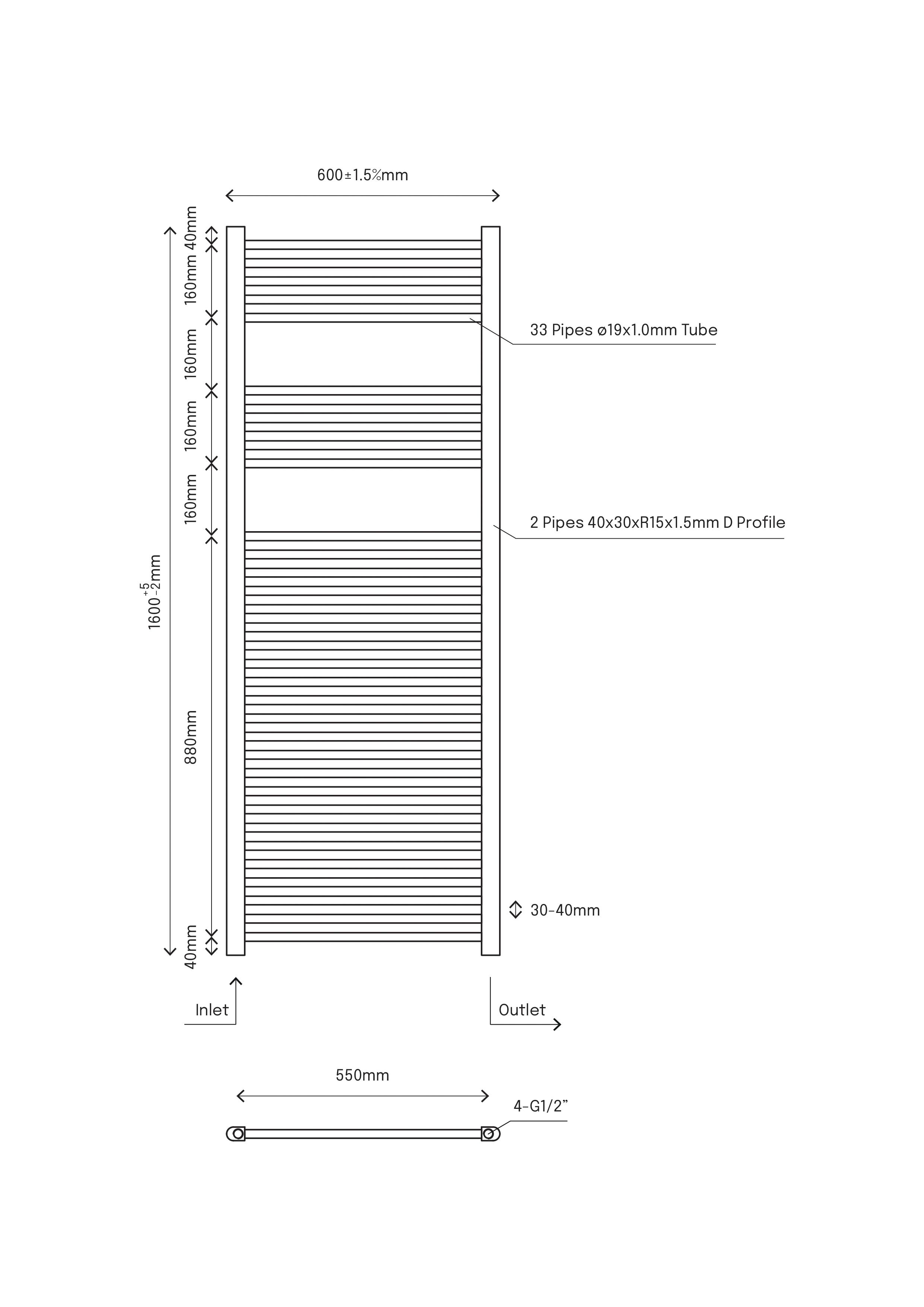 Flomasta Flat Chrome effect 1889BTU Vertical Towel radiator (W)600mm x (H)1600mm