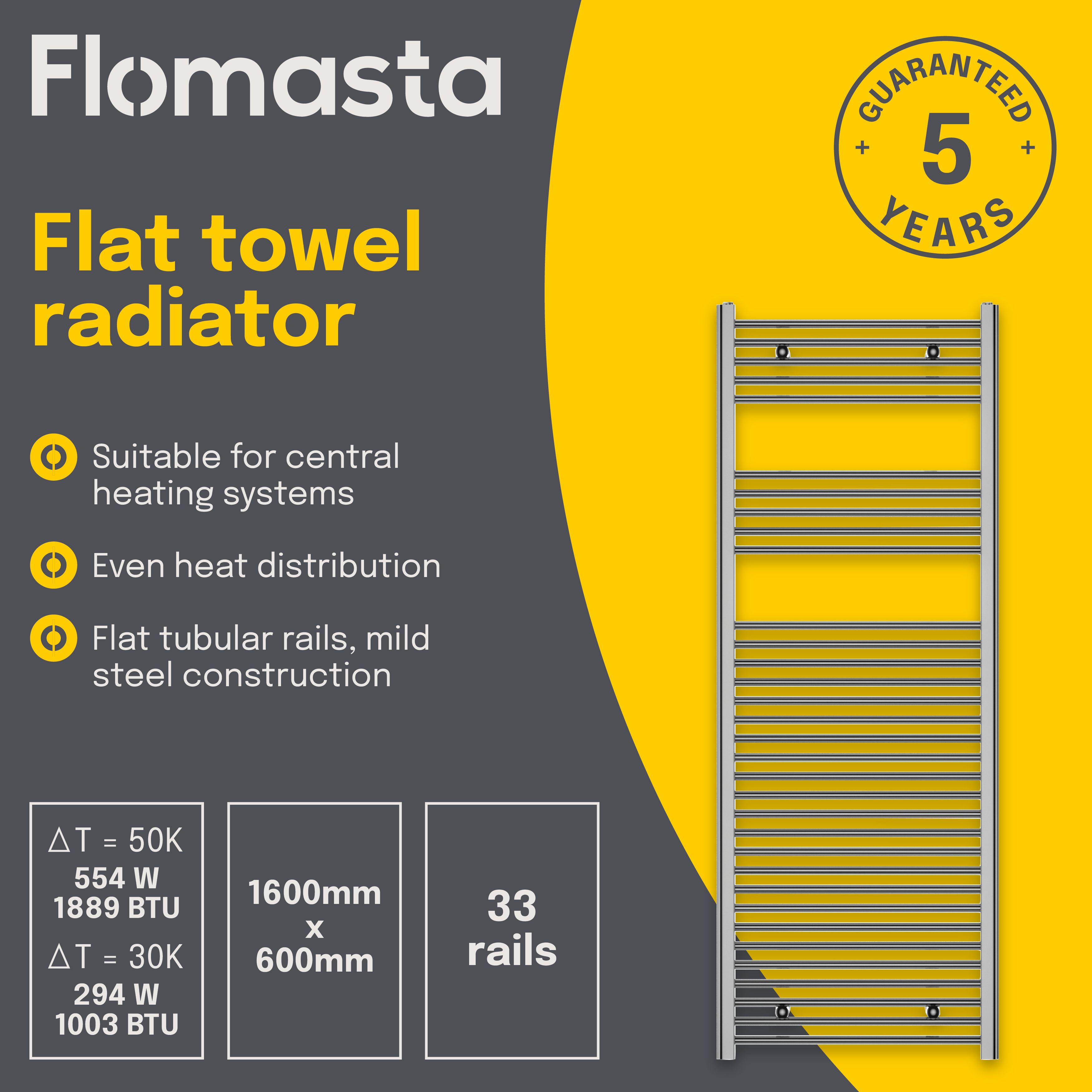 Flomasta Flat Chrome effect 1889BTU Vertical Towel radiator (W)600mm x (H)1600mm
