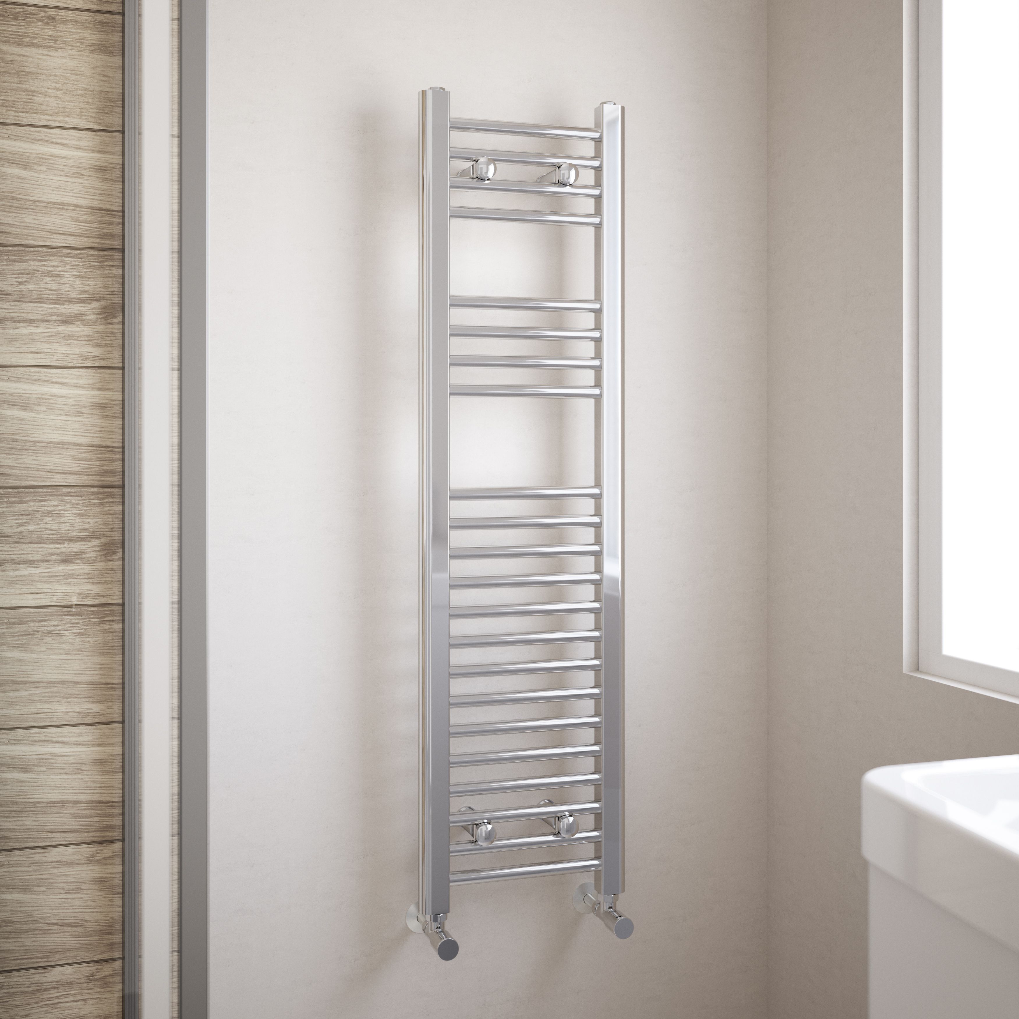 Flomasta Flat Chrome effect 784BTU Vertical Towel radiator (W)300mm x (H)1100mm