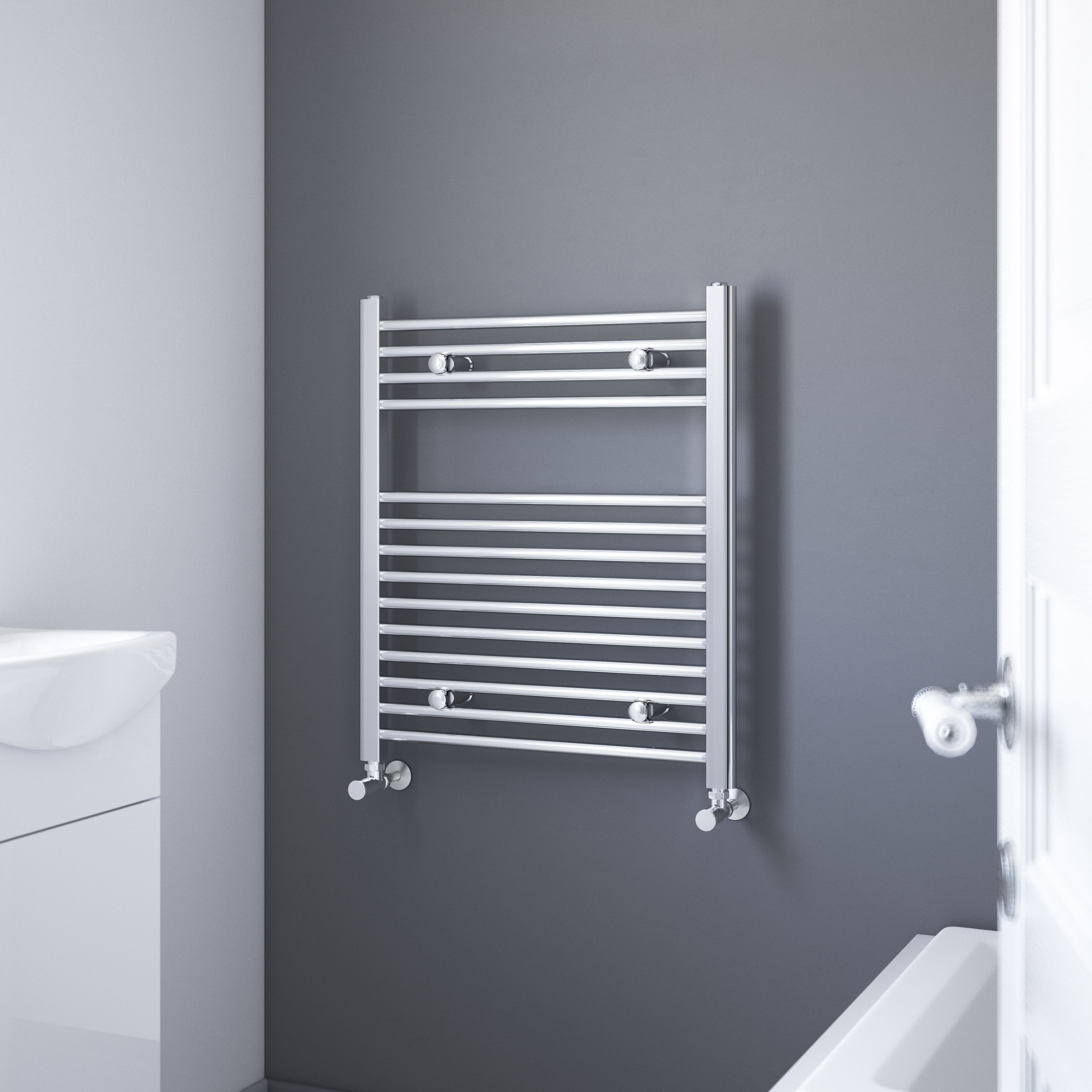 Flomasta Flat Chrome effect 859BTU Vertical Towel radiator (W)600mm x (H)700mm