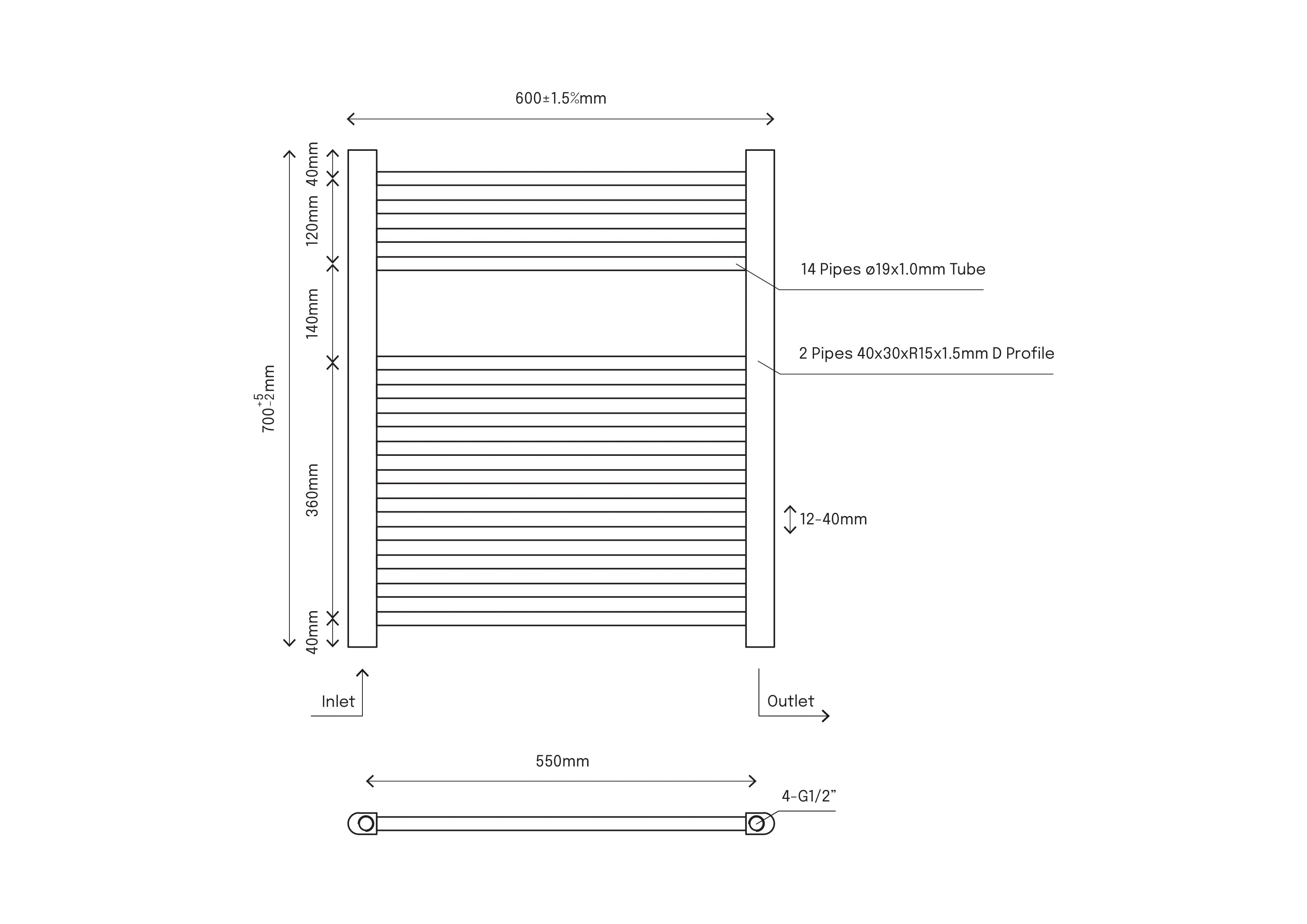 Flomasta Flat Chrome effect 859BTU Vertical Towel radiator (W)600mm x (H)700mm