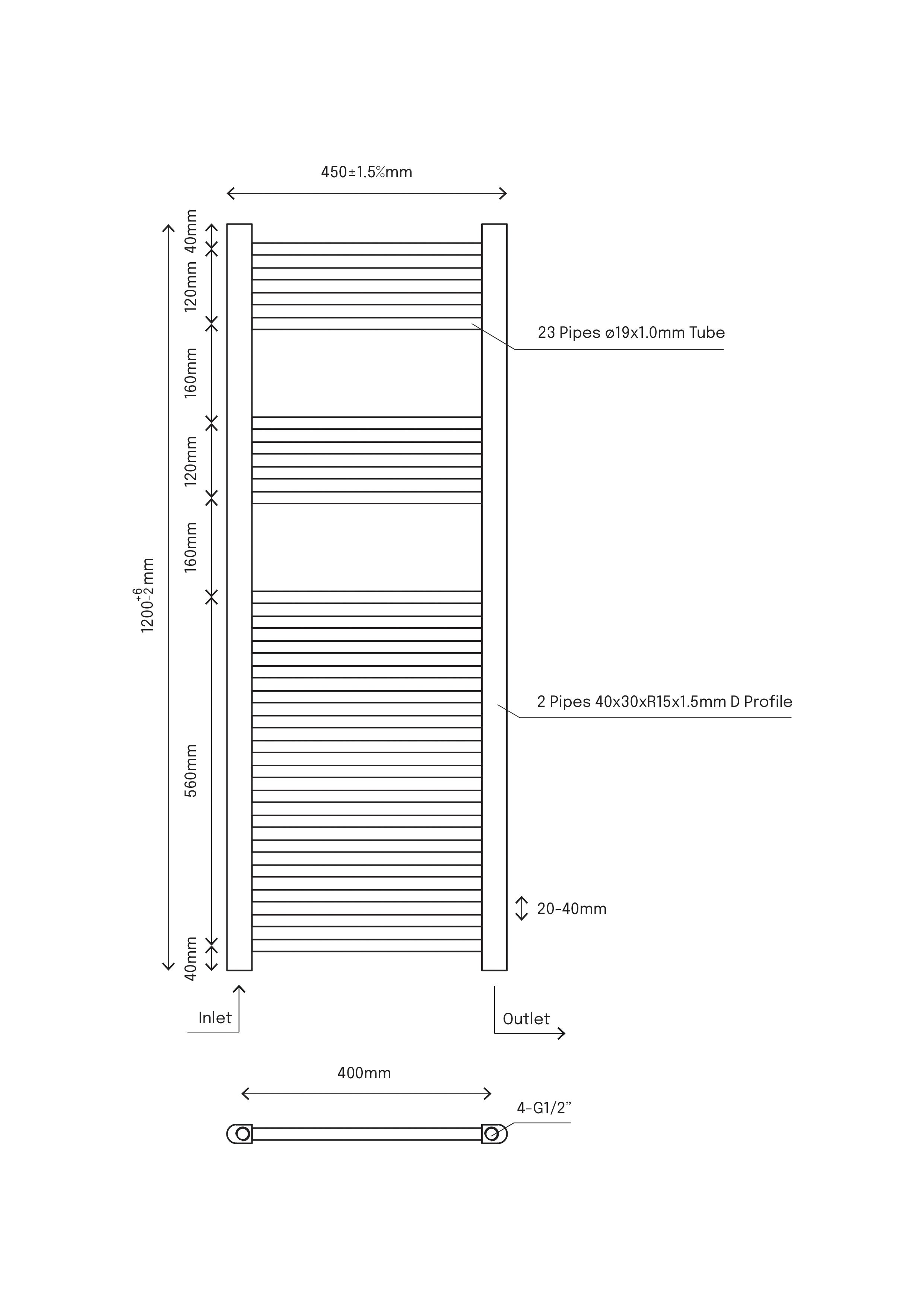 Flomasta Flat White 1671BTU Vertical Towel radiator (W)450mm x (H)1200mm
