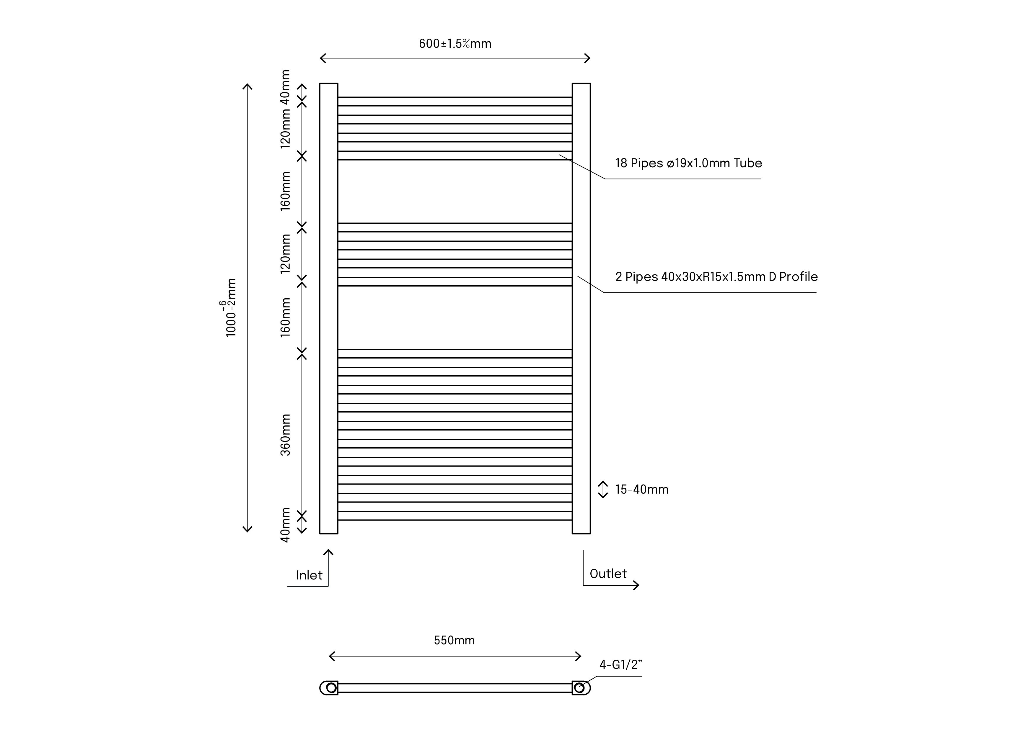 Flomasta Flat White 1760BTU Vertical Towel radiator (W)600mm x (H)1000mm