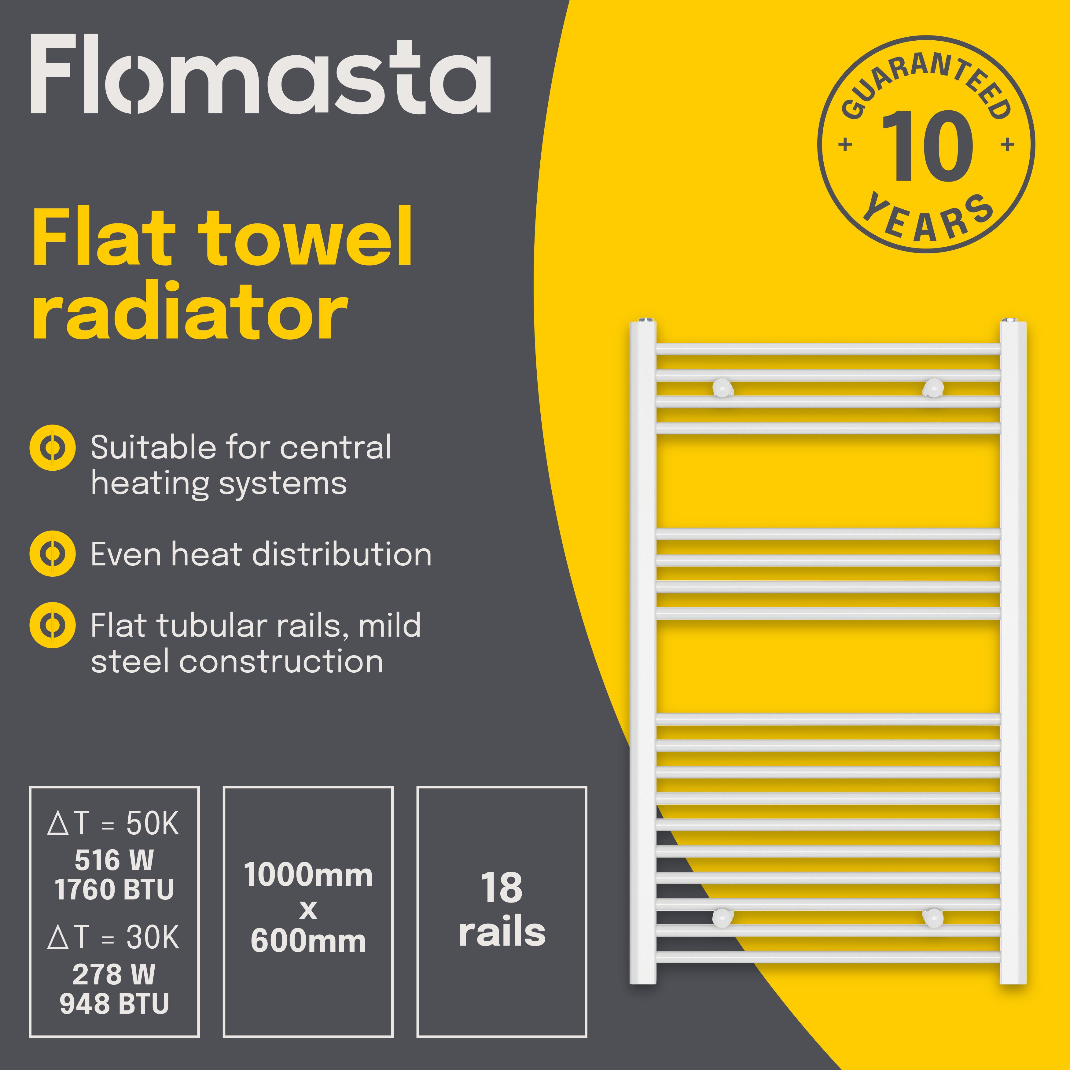 Flomasta Flat White 1760BTU Vertical Towel radiator (W)600mm x (H)1000mm