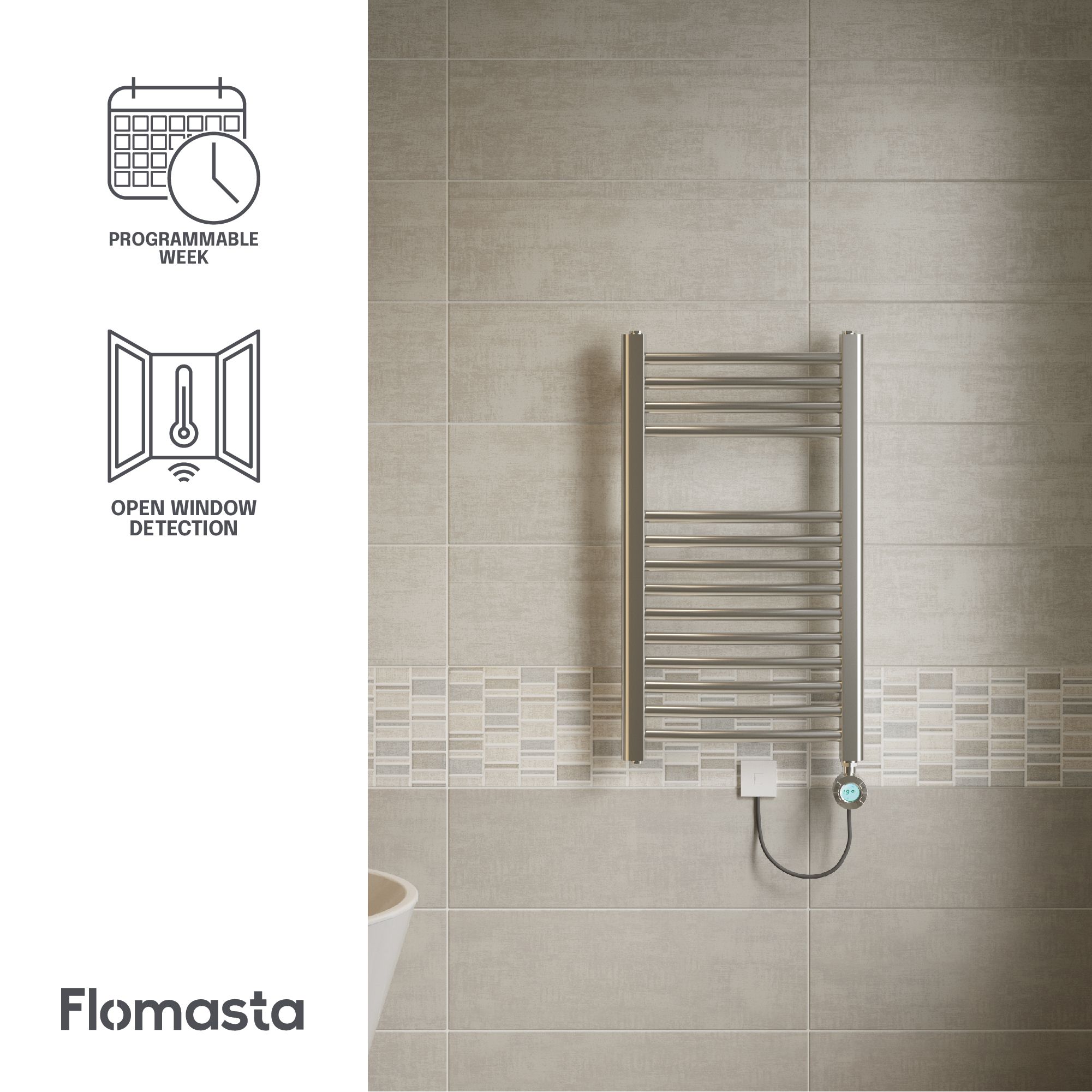 Flomasta Gelene Chrome effect Electric Curved Towel warmer (W