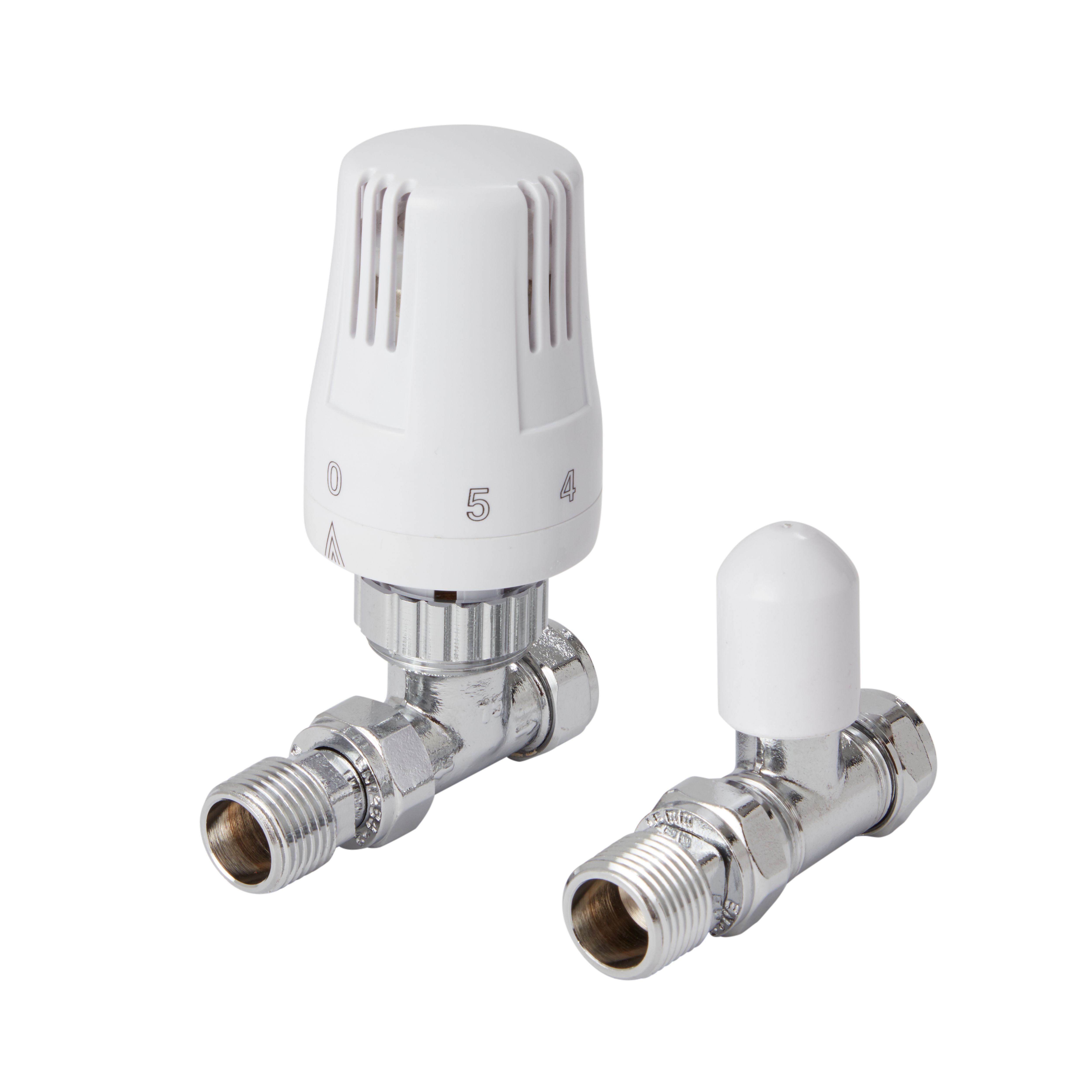 Flomasta Polished Straight Thermostatic Radiator valve & lockshield (Dia)15mm x ½"