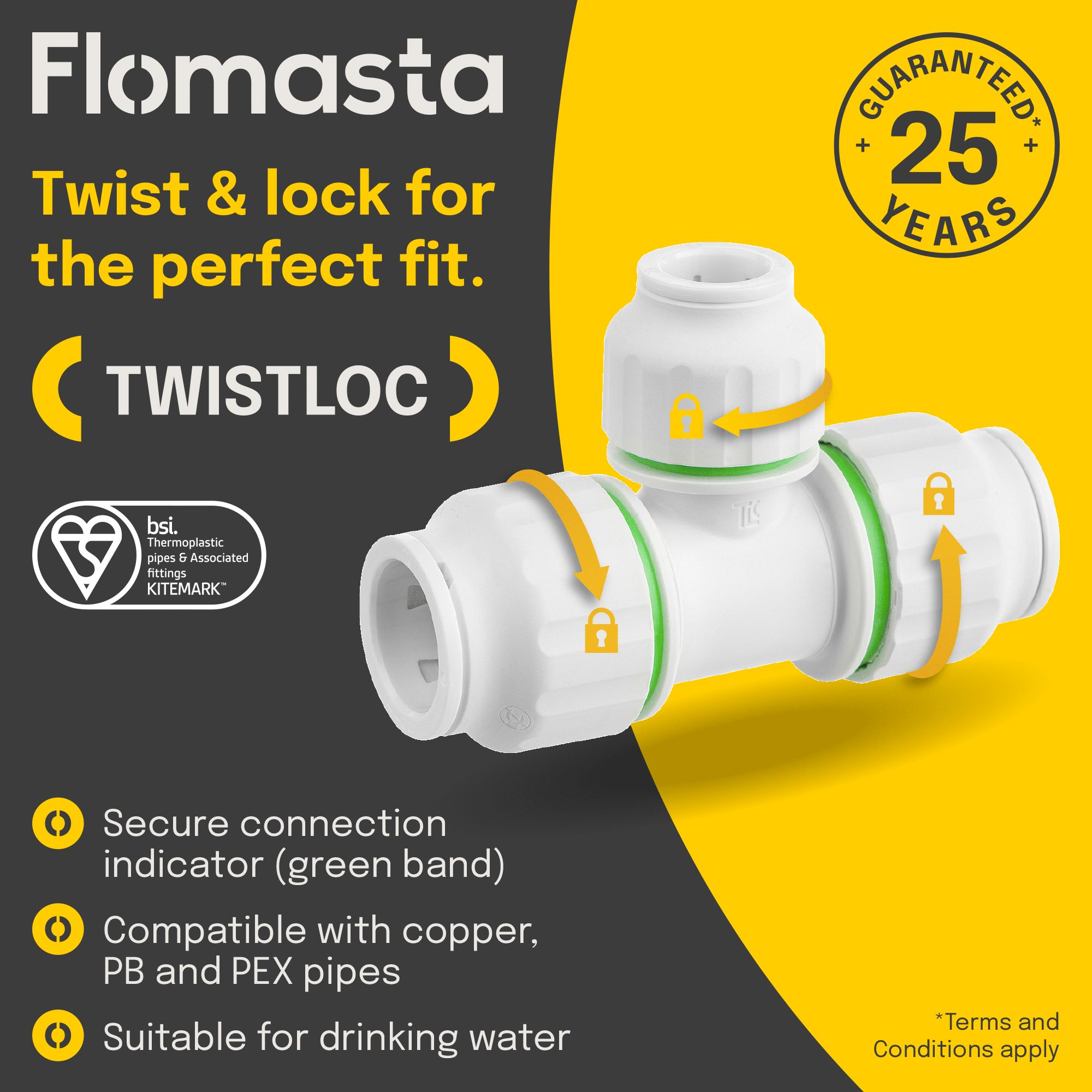 Flomasta White Push-fit Reducing Pipe tee (Dia)22mm x 22mm x 15mm, Pack of 2
