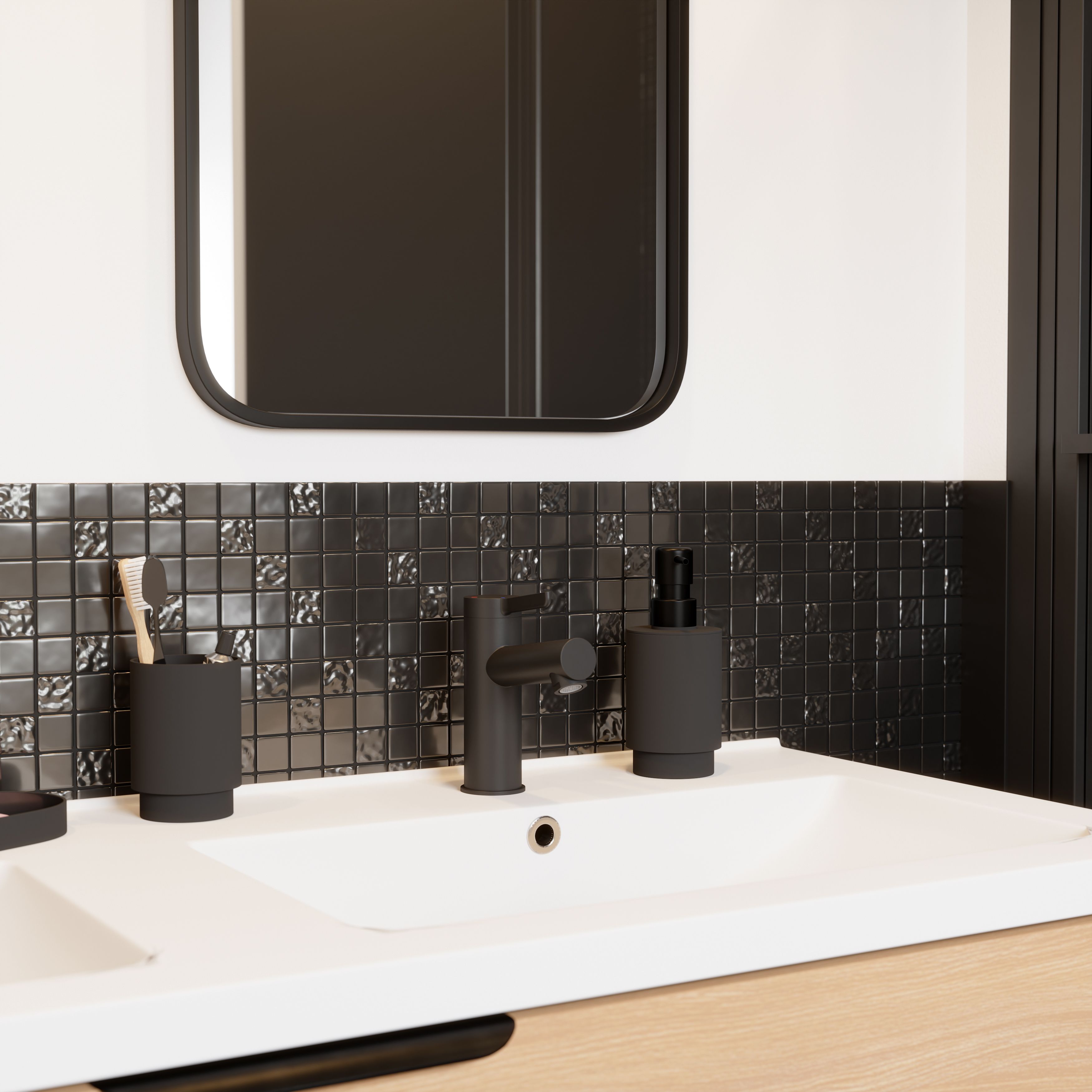 Flourencia Black Gloss Glass effect Glass Mosaic tile, (L)300mm (W)300mm
