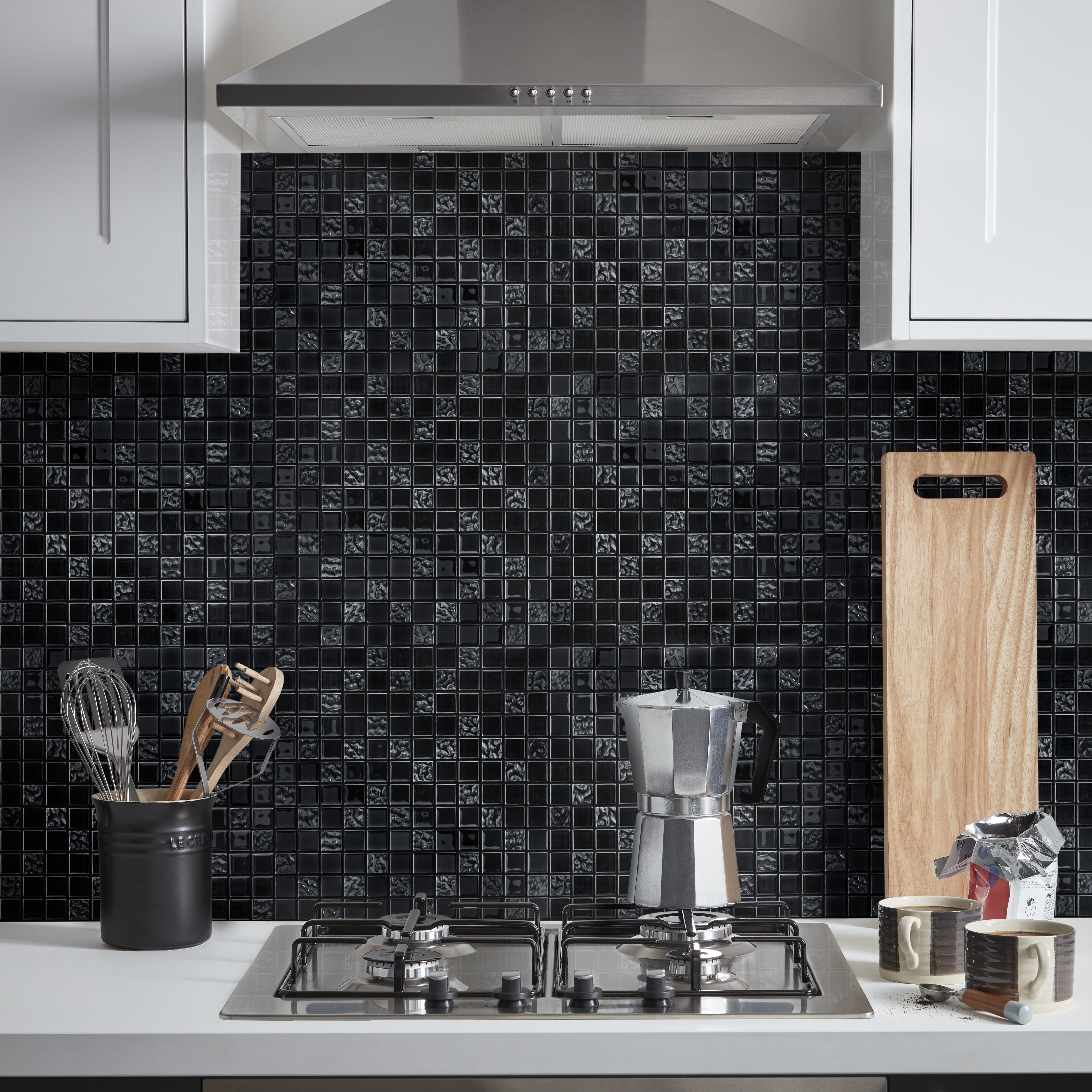 Flourencia Black Gloss Glass effect Glass Mosaic tile, (L)300mm (W)300mm