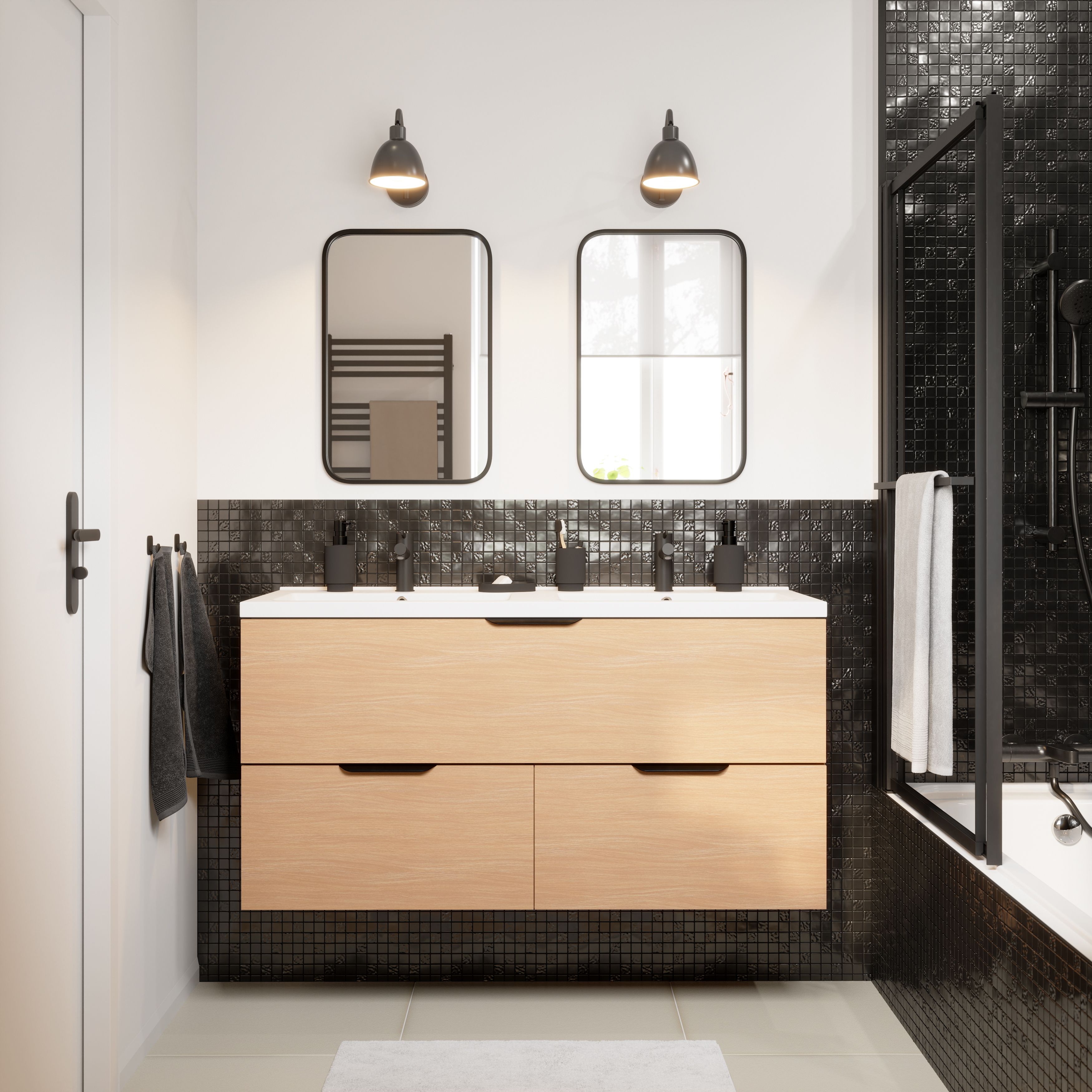 Flourencia Black Polished Gloss Glass Mosaic tile, (L)300mm (W)300mm